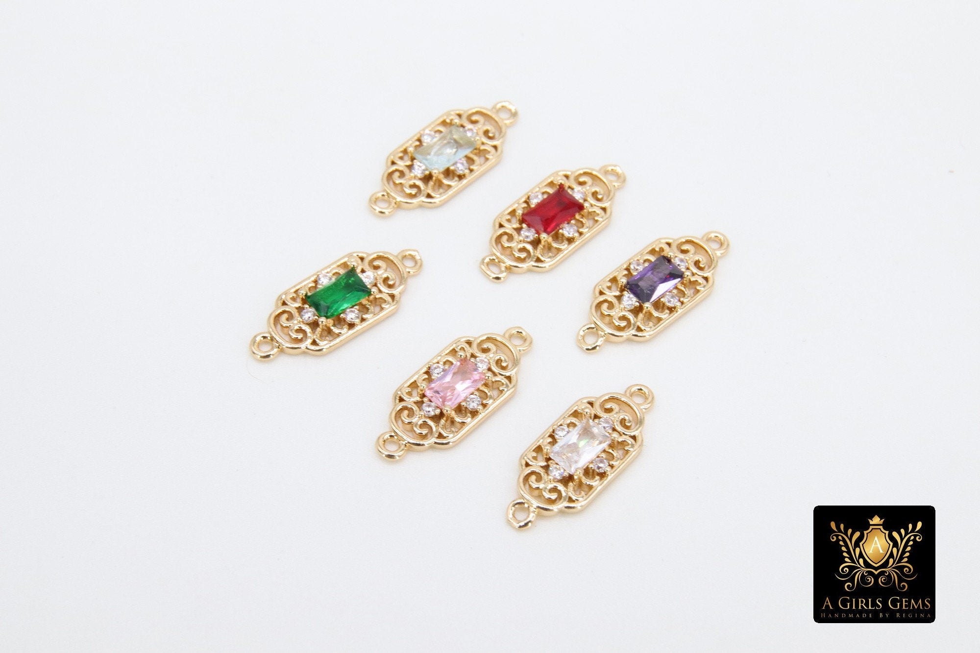 Gold Filigree Crystal Connectors, CZ Rectangle Shape Color Filigree Links #78, Red Pink Blue Mint Green Purple 7 x 17 mm