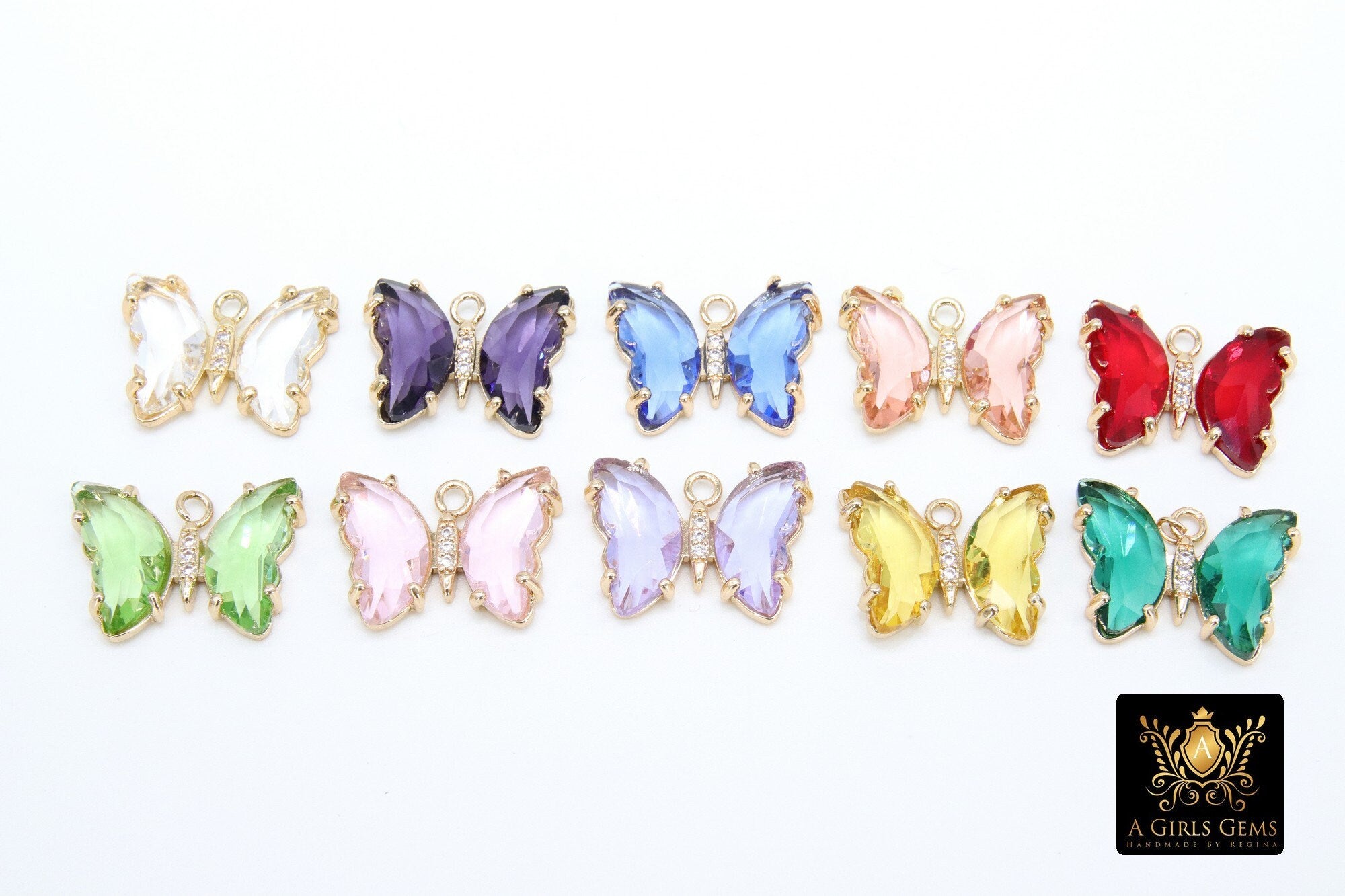 CZ Butterfly Crystal Charms, Gold Crystal Butterflies #2566, Pink Aqua Blue Green Peach and Yellow