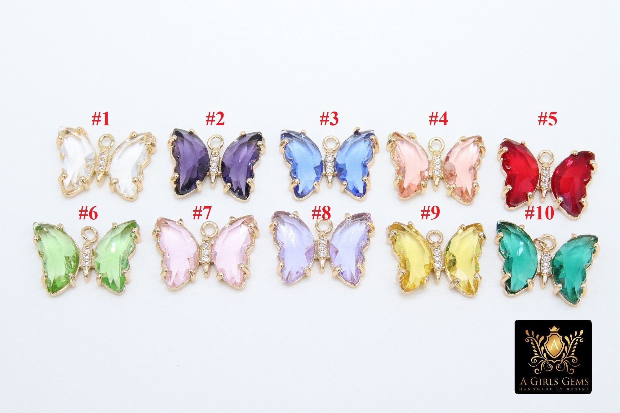 CZ Butterfly Crystal Charms, Gold Crystal Butterflies #2566, Pink Aqua Blue Green Peach and Yellow