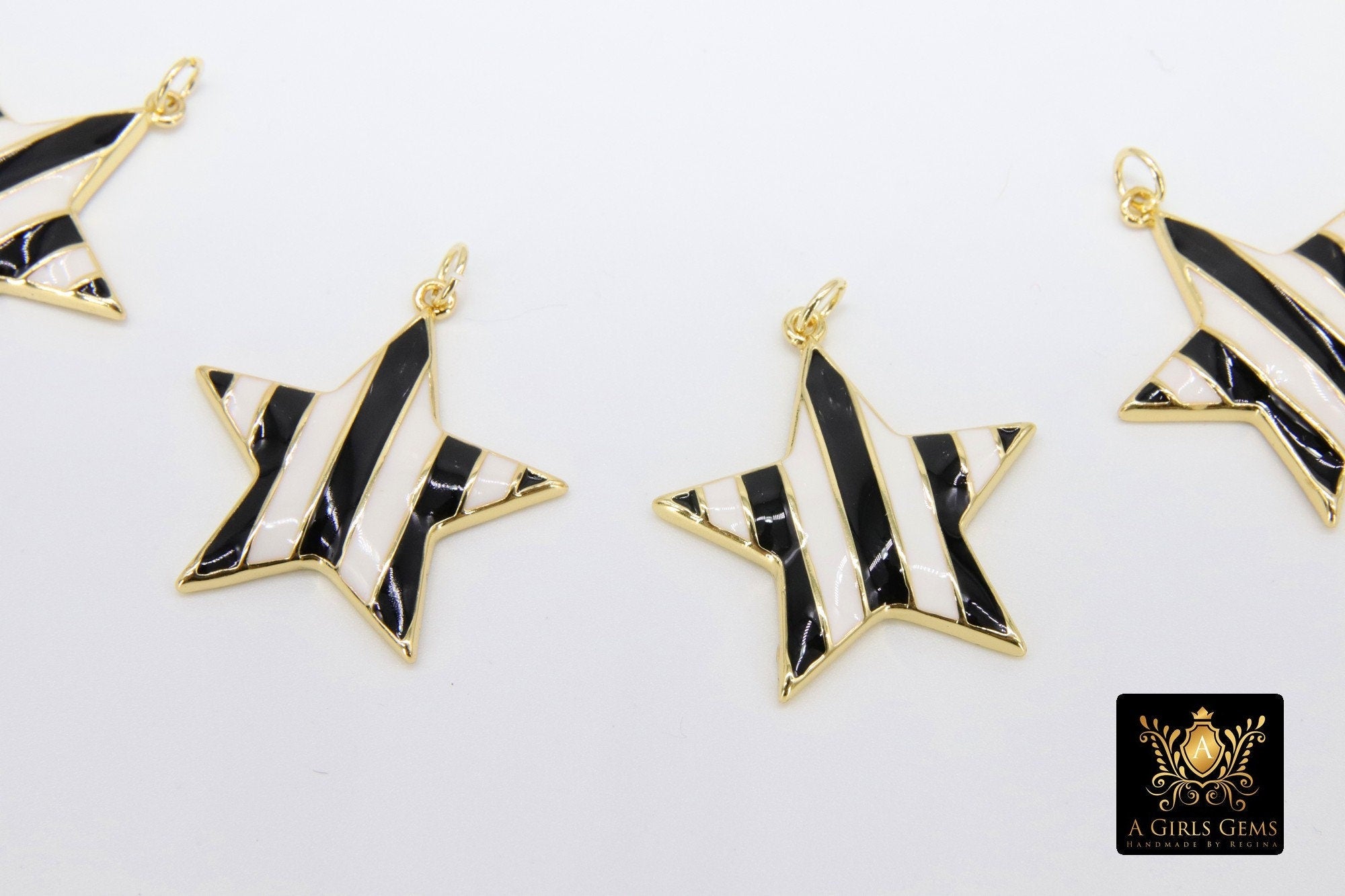 Star Black and White Stripes Charm, Large Gold Starburst in White and Black Enamel #131, Stars 25 x 27 mm Jewelry