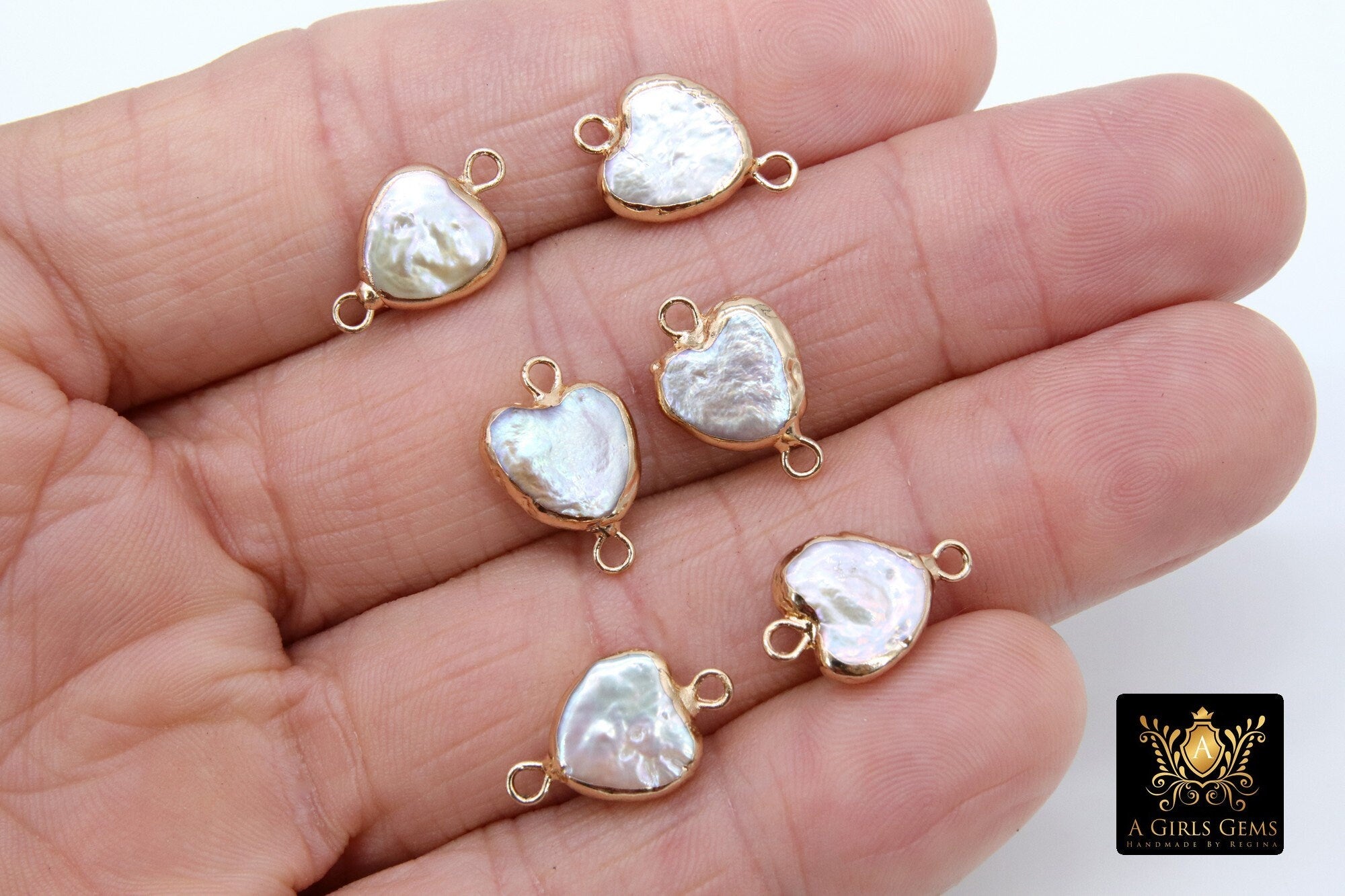 Freshwater Pearl Connectors, Gold Rectangle Two Loop White Charms #2625, Small Natural Shell Gold Edge Links