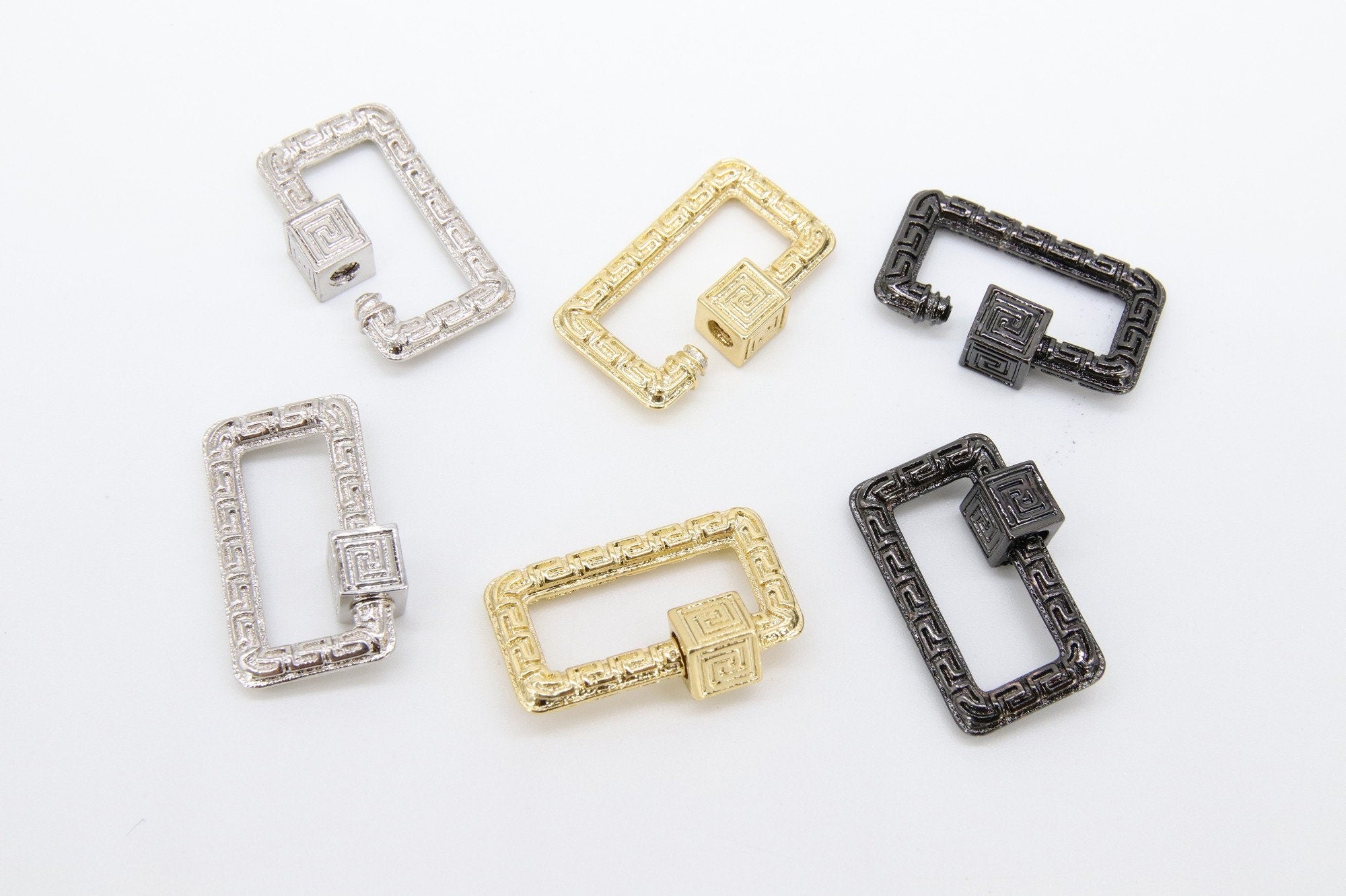 Gold Rectangle Screw Clasps, Silver Filigree Engraved Interlocking Connector #2631, Black Carabiner