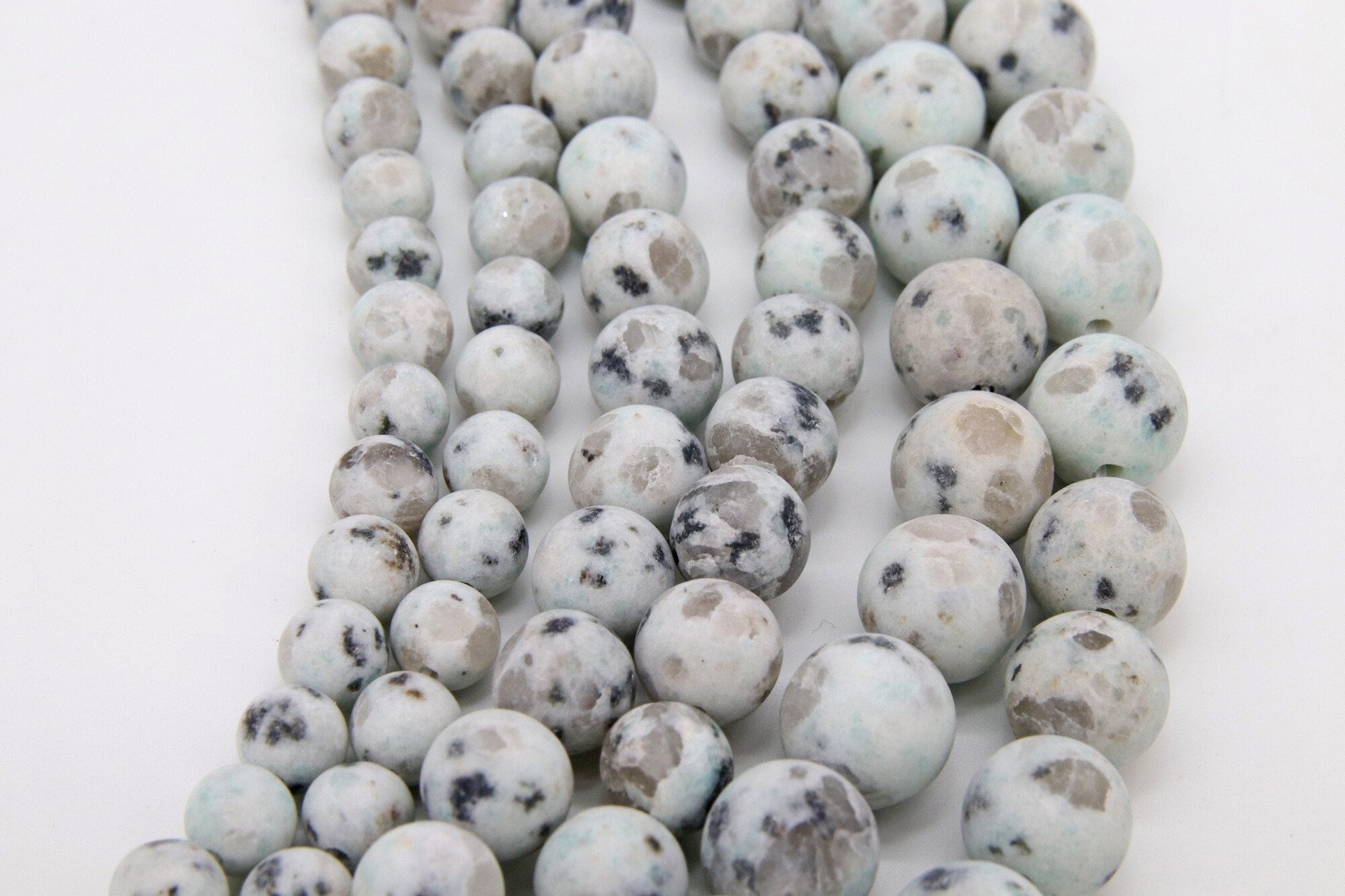 Natural Baby Blue Kiwi Beads, Frosted Sesame Round Blue BS #31, Black Spot Lotus Jasper Beads