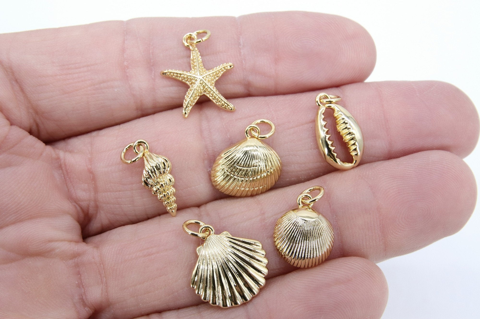 Mini Cowrie Seashell Charm, 2 Pc Gold Tiny Nautical Starfish Seashells #2646, Scallop Beach Shell Ocean Charms