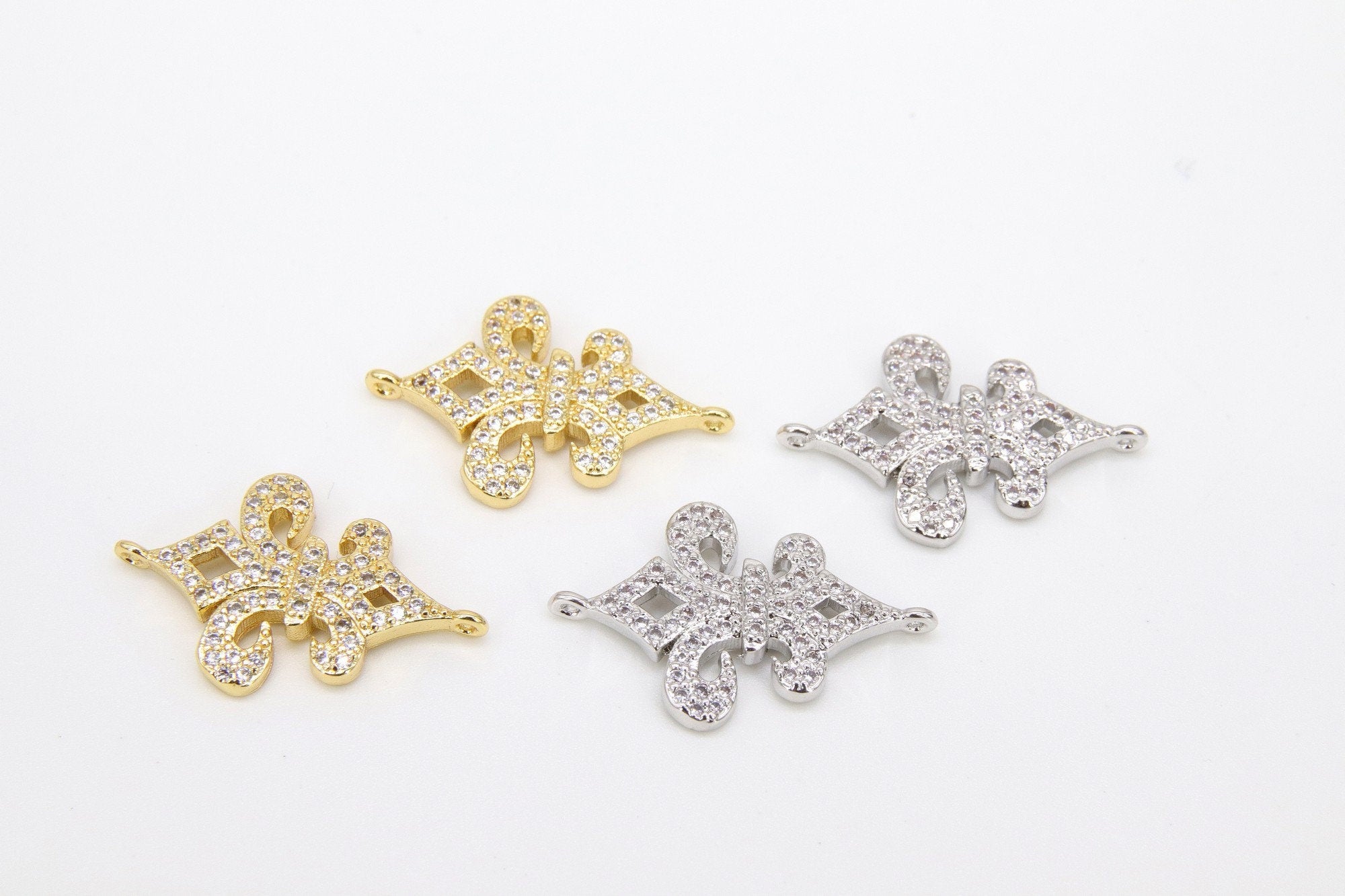 CZ Pave Gold Crown Connector, Silver Fleur De Leis Filigree Links #2654, 2 Loop Dainty Louisiana Jewelry