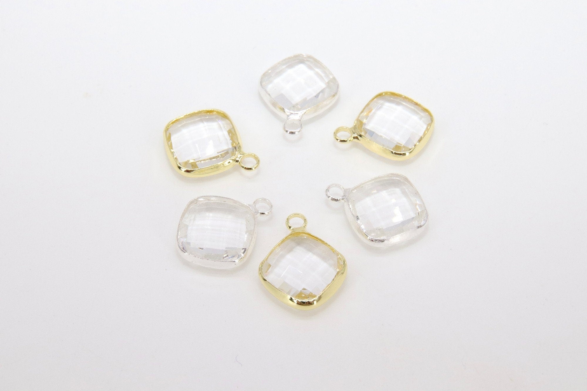 Gold Diamond Shaped Charms, 2 Pcs Silver Diamond Bezel Clear Drop Crystal Charms #651, 14 x 17 mm Huggie Earring Charms