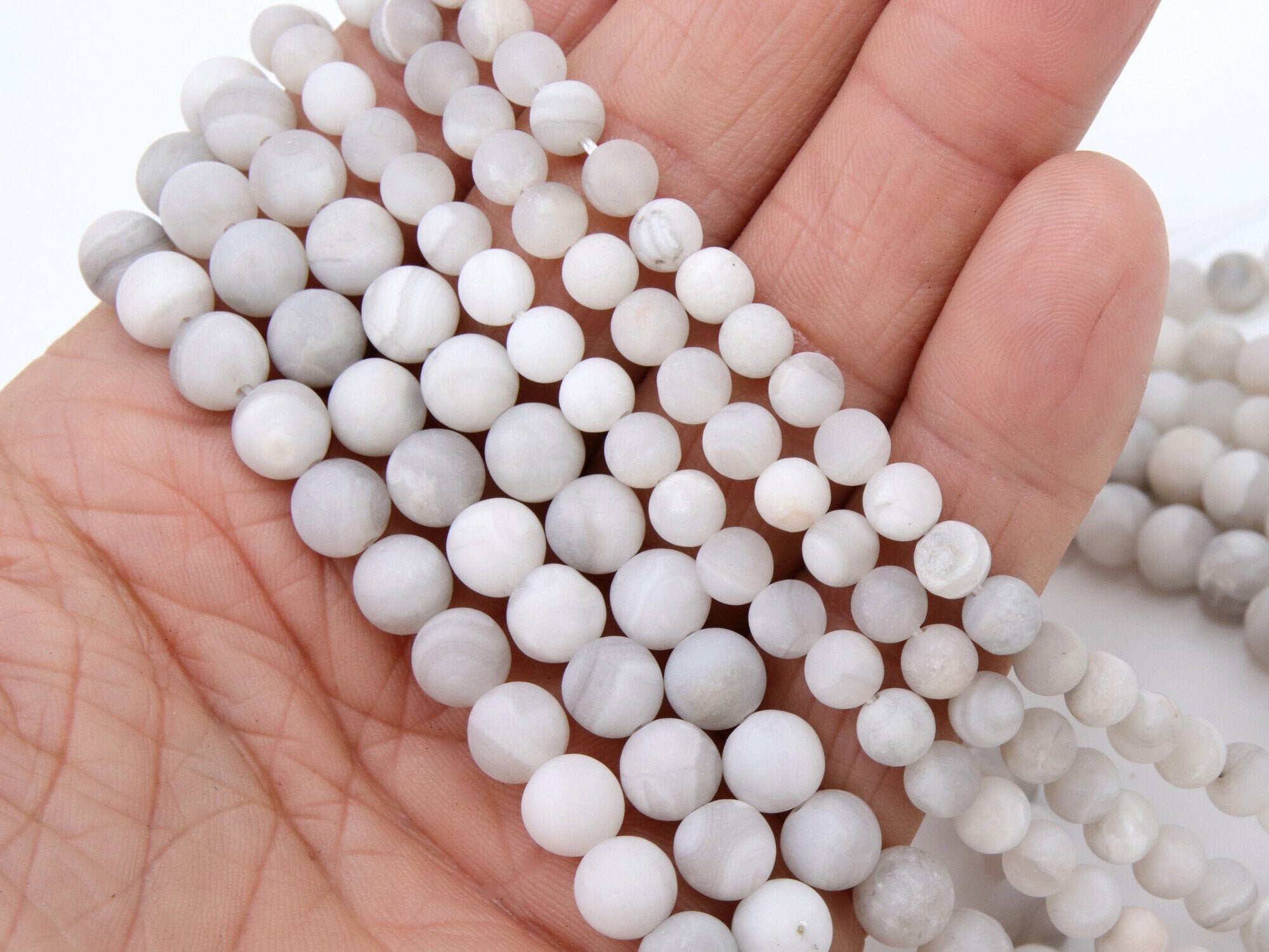 Natural White Agate Beads, Frosted Smooth Matte Agate Round Beads BS #36, sizes in 6 mm or 8 mm 15 inch Strands