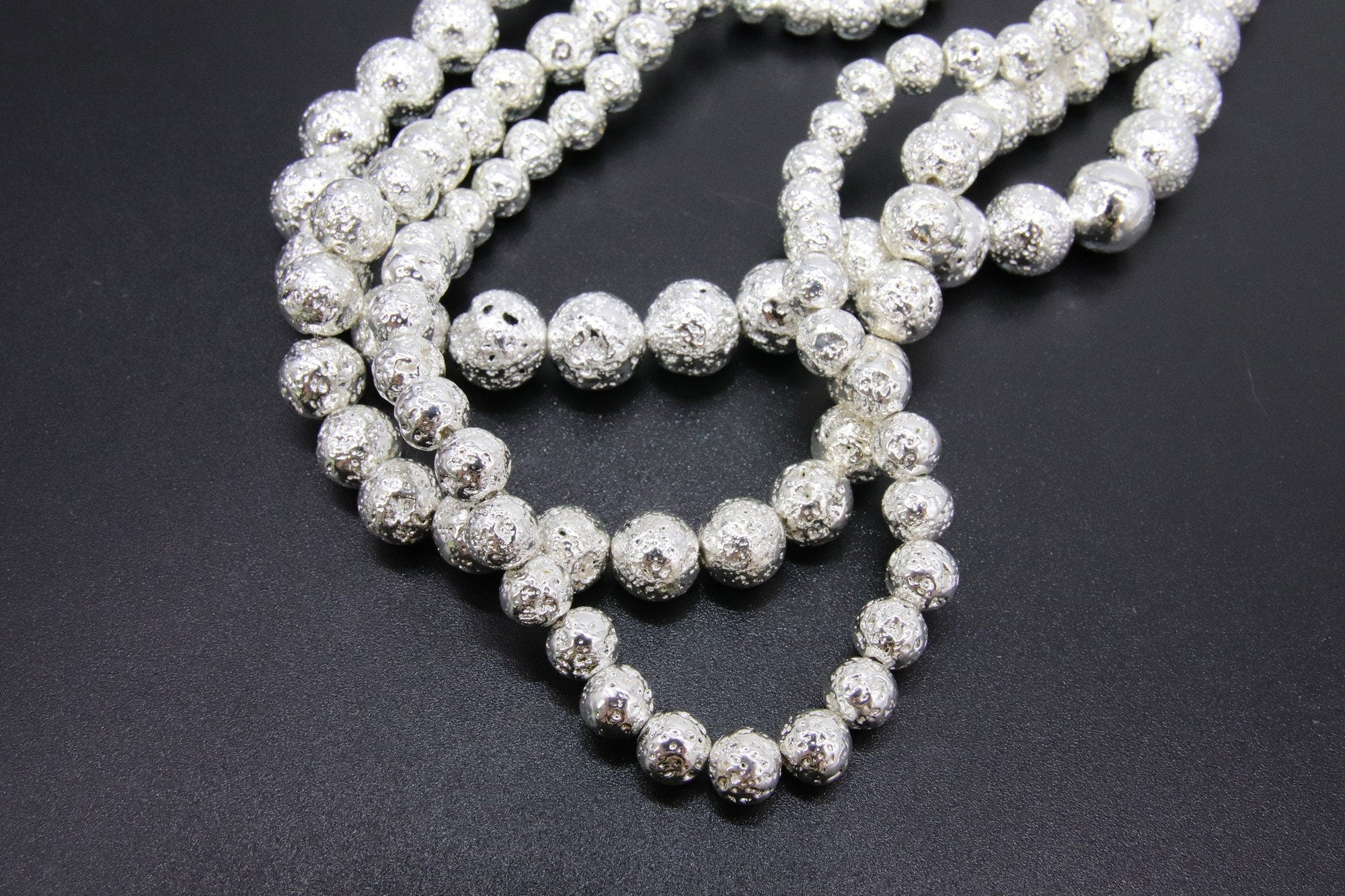 Silver Plated Lava Rock Beads, Metallic Textured Beads BS #42, sizes 6 mm 8 mm 10 mm in 15.5 inch Strands