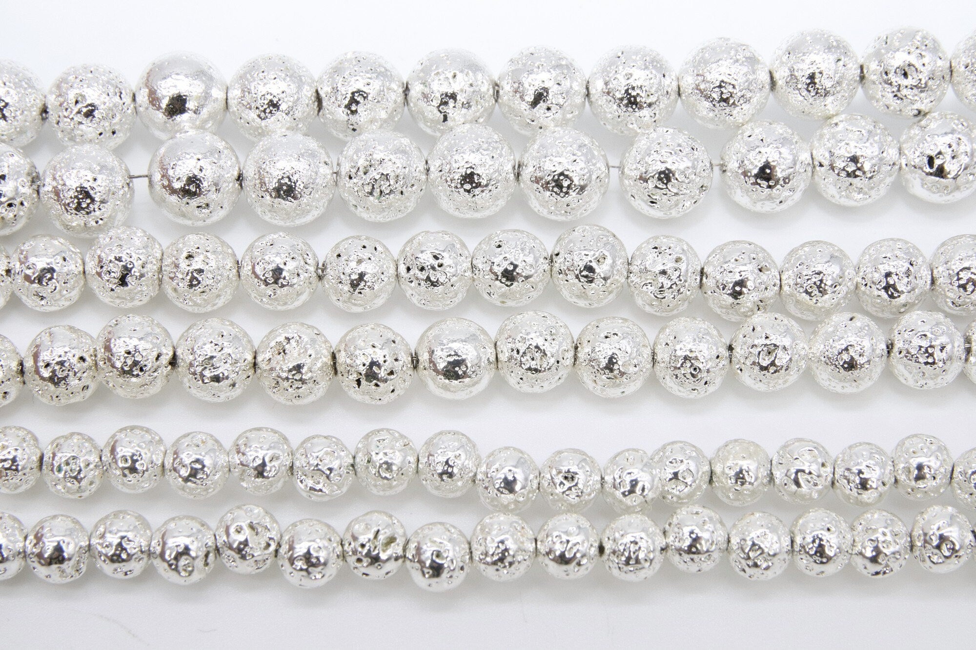 Silver Plated Lava Rock Beads, Metallic Textured Beads BS #42, sizes 6 mm 8 mm 10 mm in 15.5 inch Strands