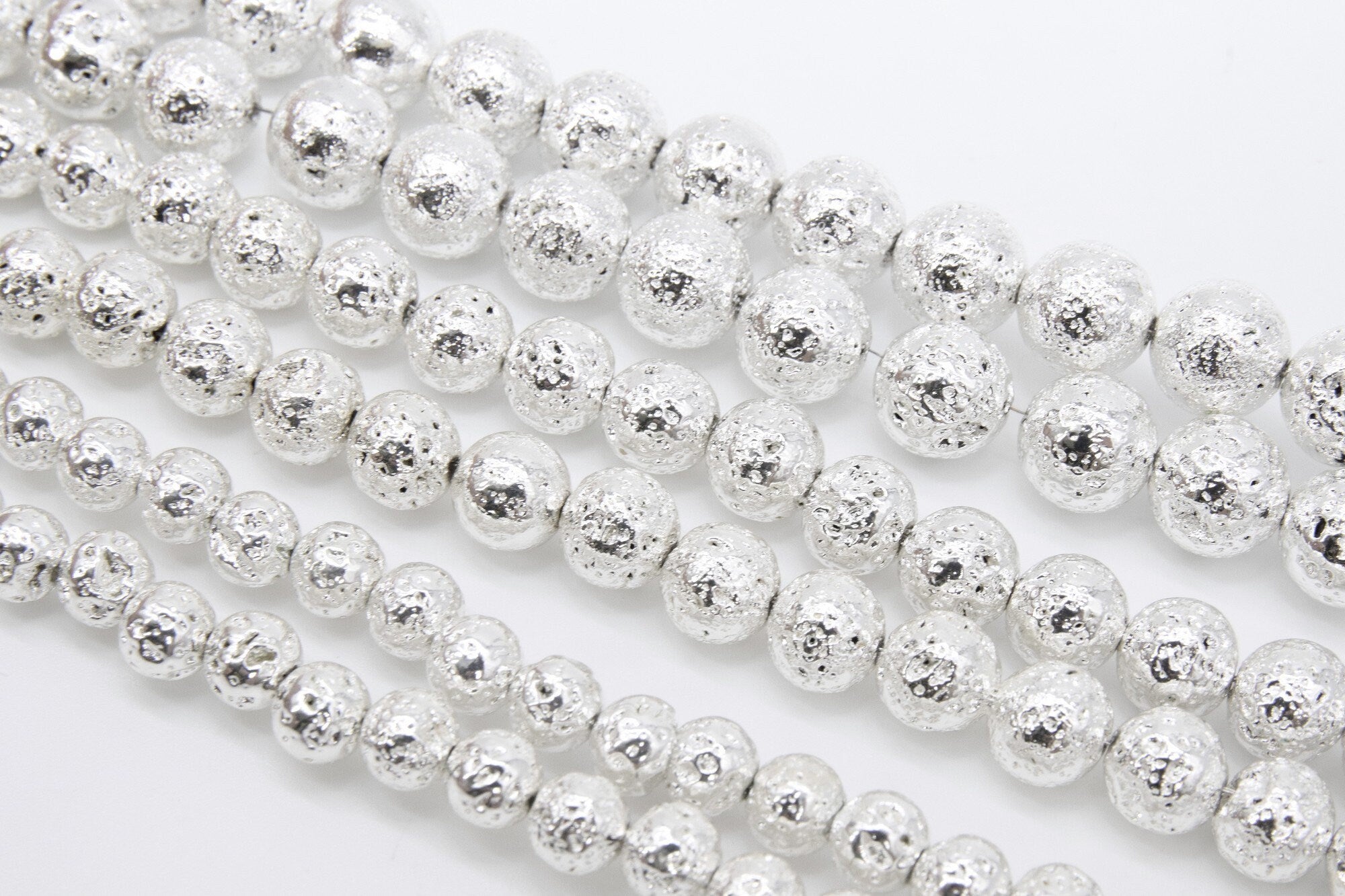 Silver Plated Lava Rock Beads, Metallic Textured Beads BS #42, sizes 6 mm 8 mm 10 mm in 15.5 inch Strands