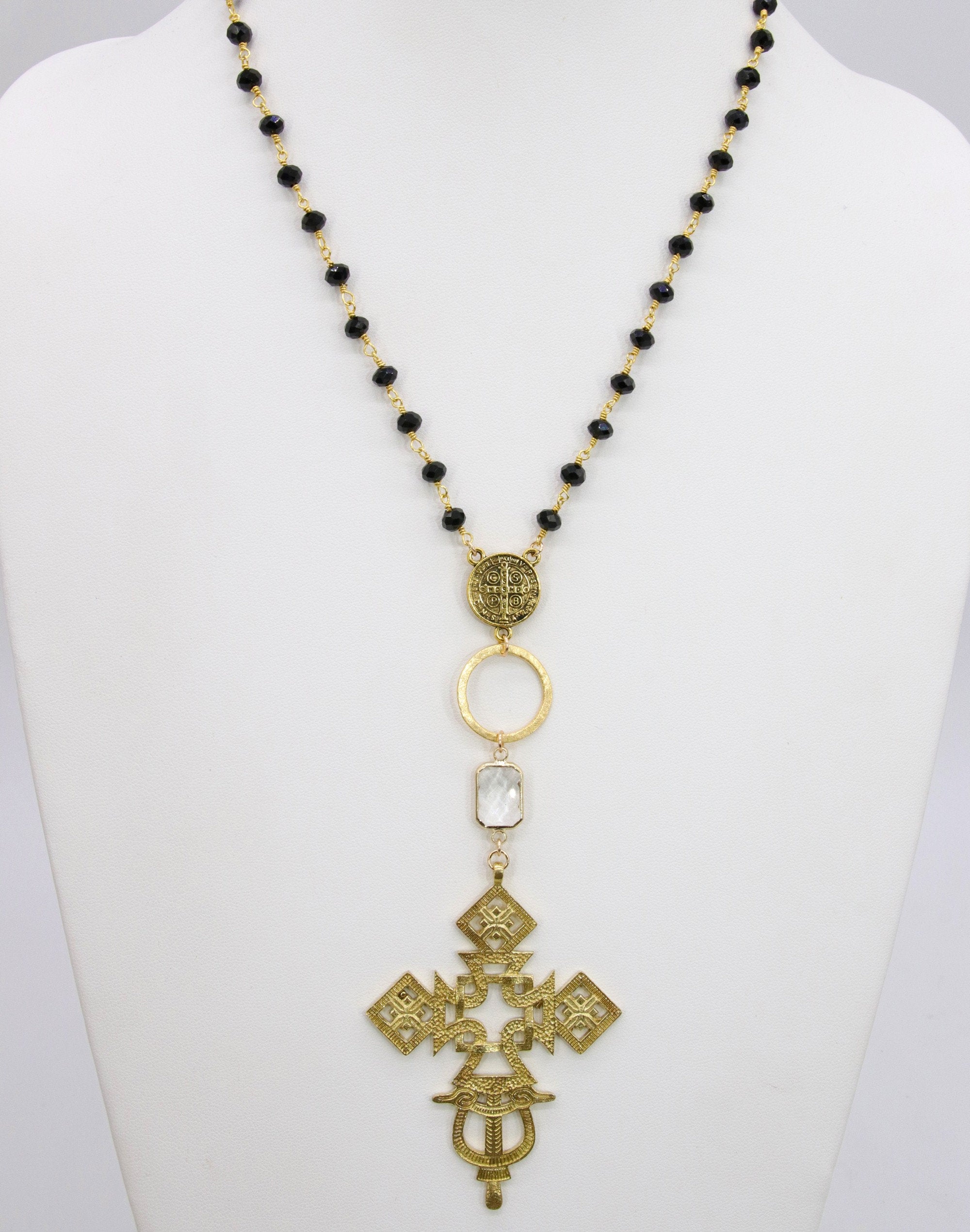 Gold Rosary Cross Necklace, Black Rosary Chain With Gold Brass Ethiopian Cross, Long Smoky Grey Rosary Necklaces