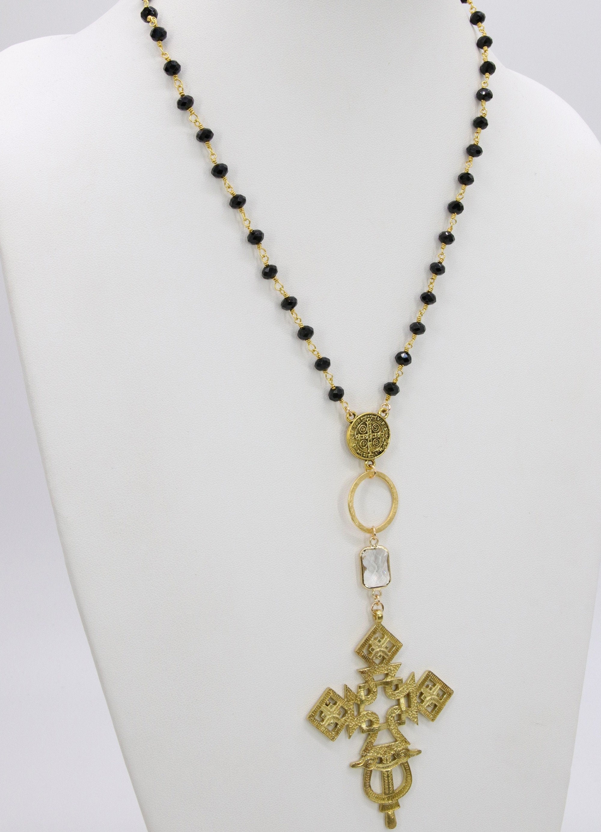 Gold Rosary Cross Necklace, Black Rosary Chain With Gold Brass Ethiopian Cross, Long Smoky Grey Rosary Necklaces