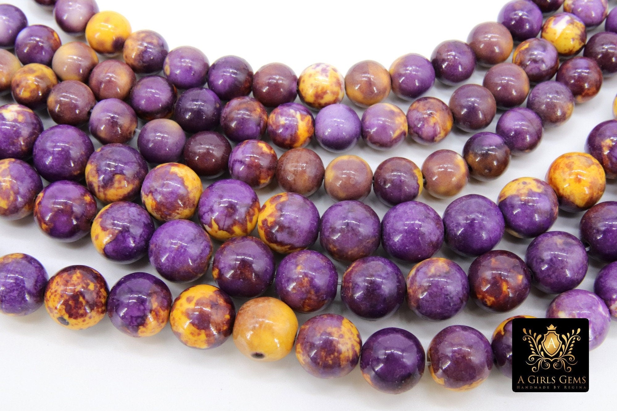Purple and Gold Beads, Smooth Mixed Yellow Purple Jade Beads BS #95, LSU Jewelry Beads sizes 6 mm 16.5 inch Strands