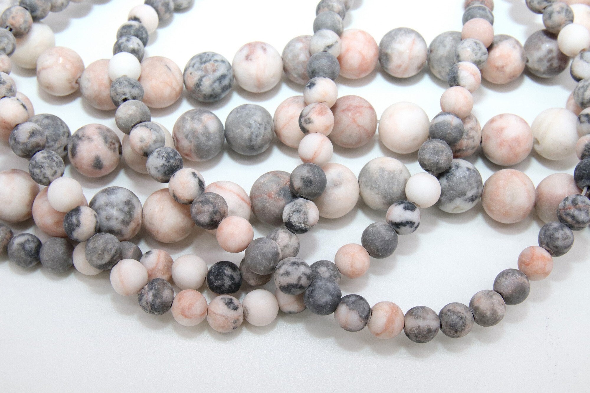 Natural Pink Zebra Frosted Beads, Round Matte Gray and Pink Peach Jasper Beads BS #54, sizes in 6 mm 8 mm 10 mm 15.5 inch FULL Strands