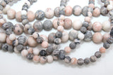 Natural Pink Zebra Frosted Beads, Round Matte Gray and Pink Peach Jasper Beads BS #54, sizes in 6 mm 8 mm 10 mm 15.5 inch FULL Strands