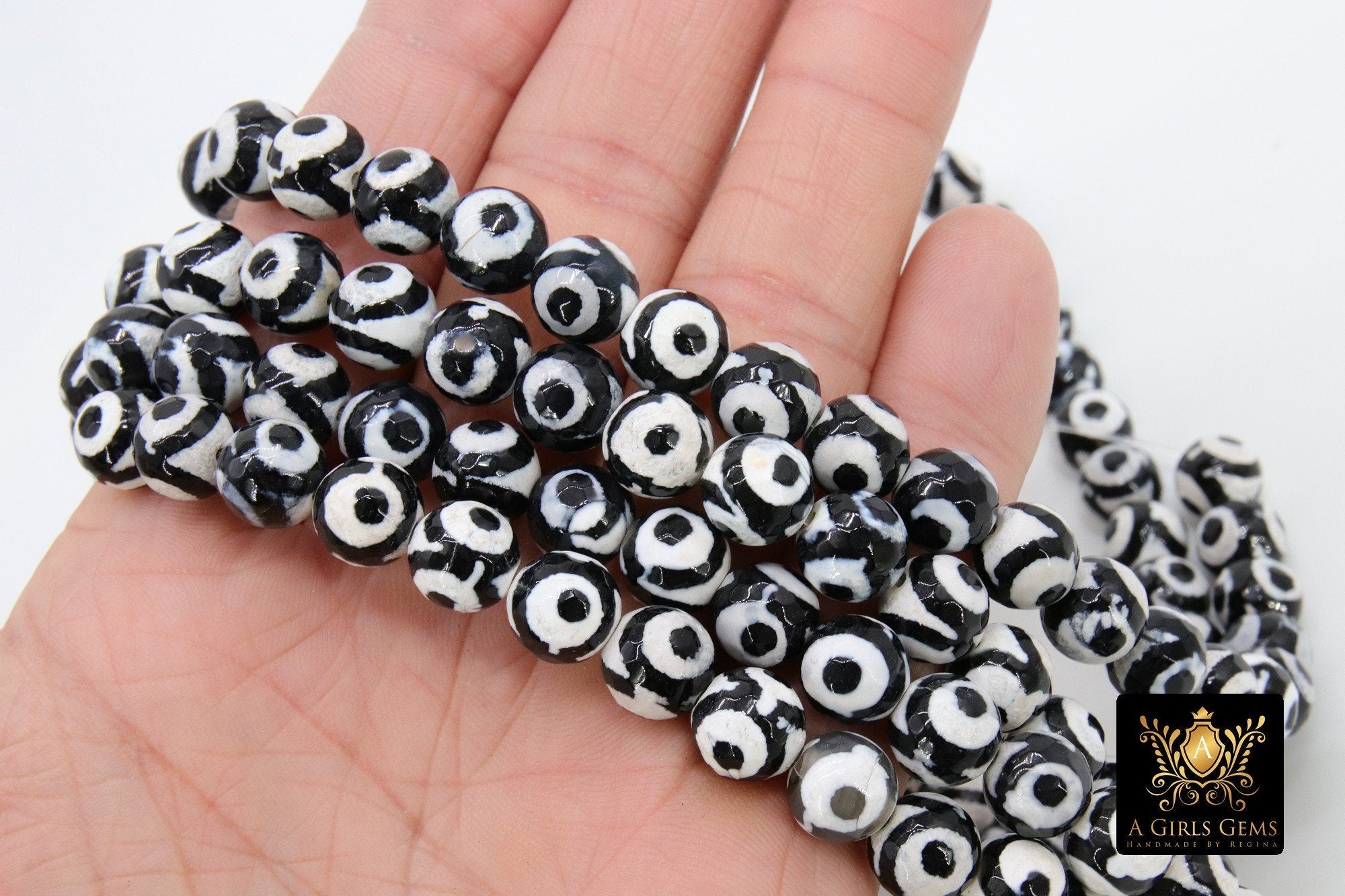 Tibetan Natural Faceted Agate Beads, DZI Agate in Black and White Dot Color Beads BS #10, sizes 10 mm 15 inch FULL Strands