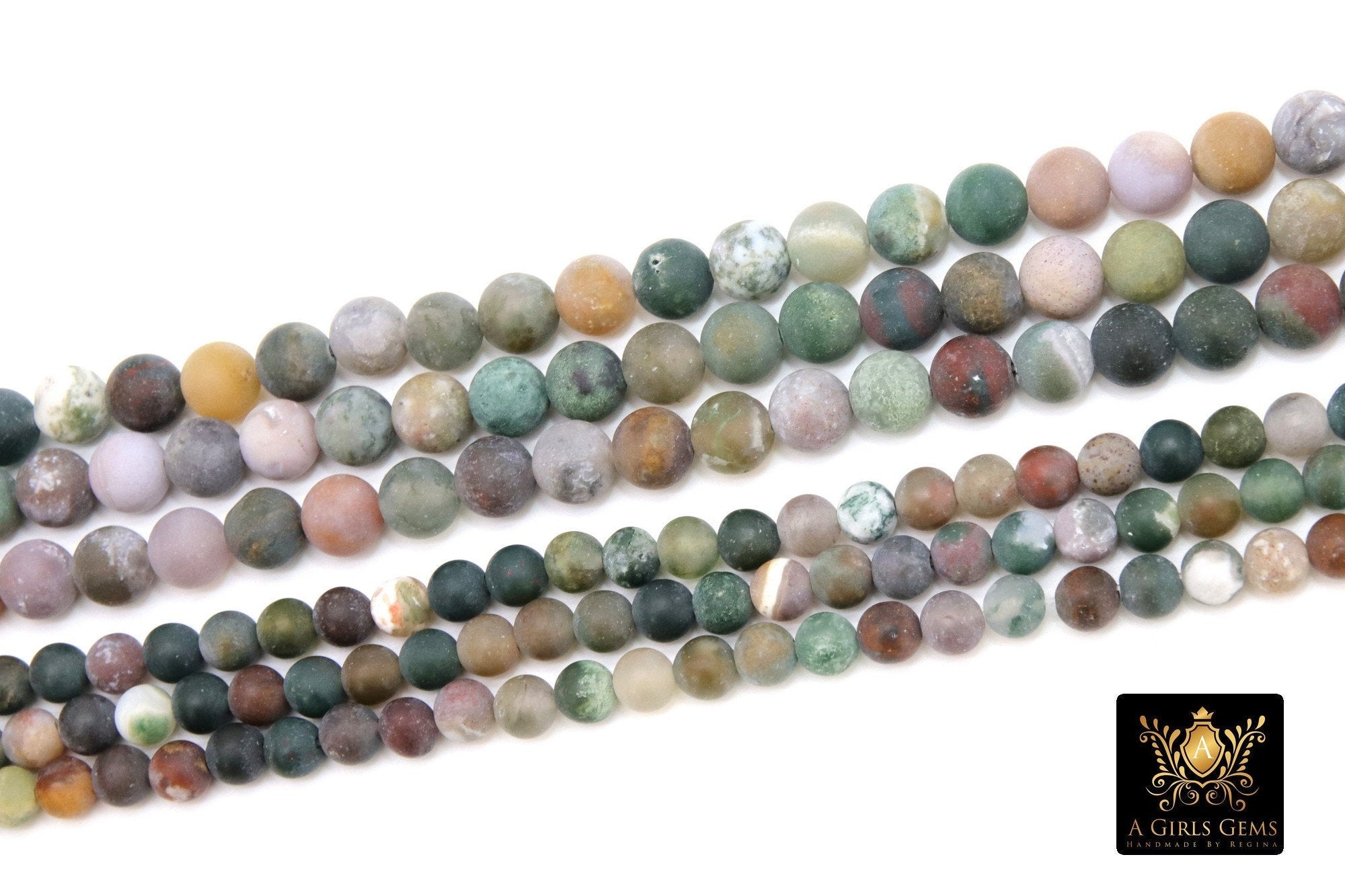 Natural Indian Agate Frosted Beads, Blended Greens and Beige Mauve Round Beads BS #18, sizes 6mm 8mm 15.5 inch Strands