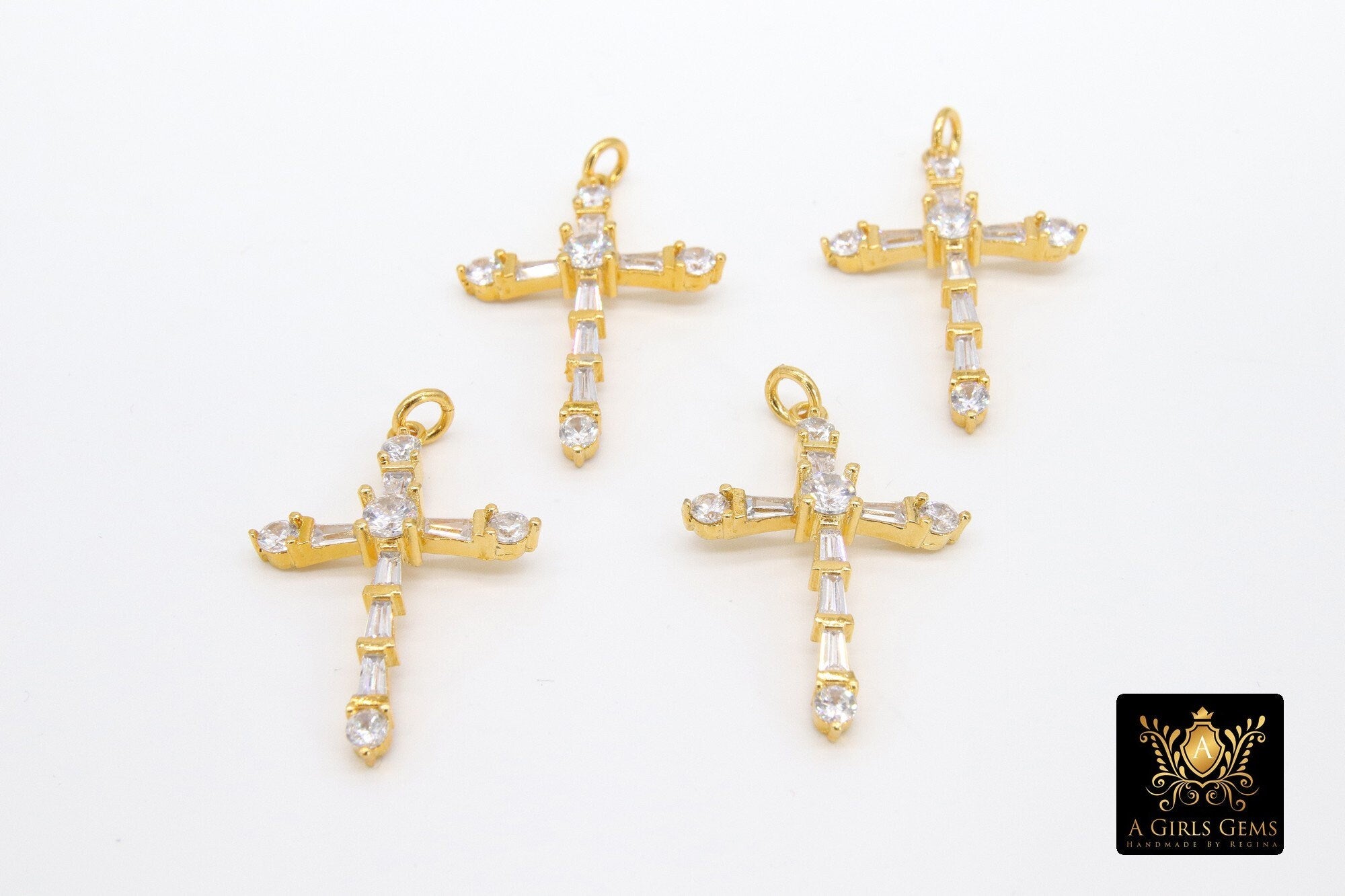 Gold Cubic Zirconia Cross, CZ Pave Cross for Necklaces #513, Crucifix 21 x 32 mm Rosary Jewelry