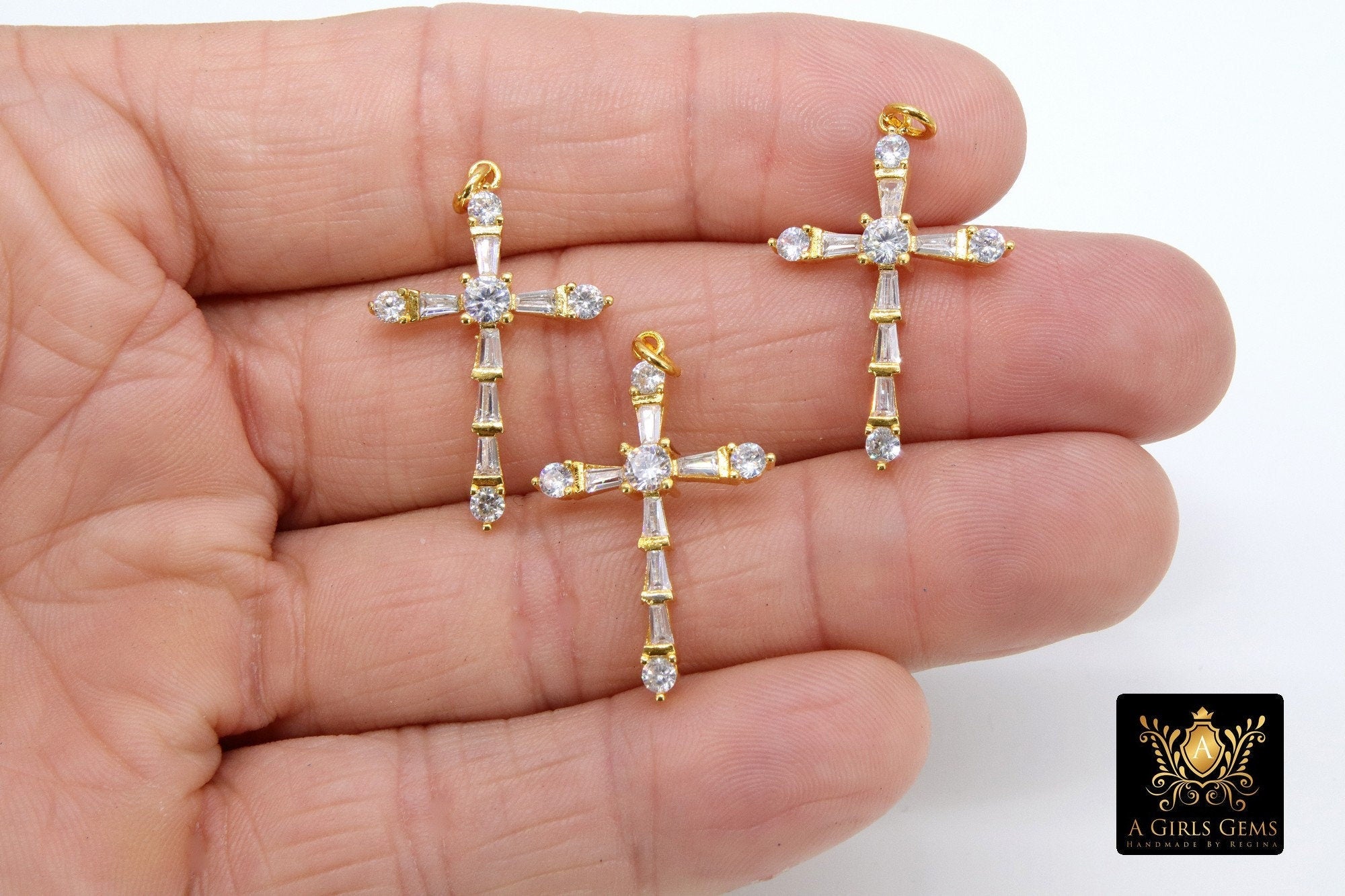 Gold Cubic Zirconia Cross, CZ Pave Cross for Necklaces #513, Crucifix 21 x 32 mm Rosary Jewelry