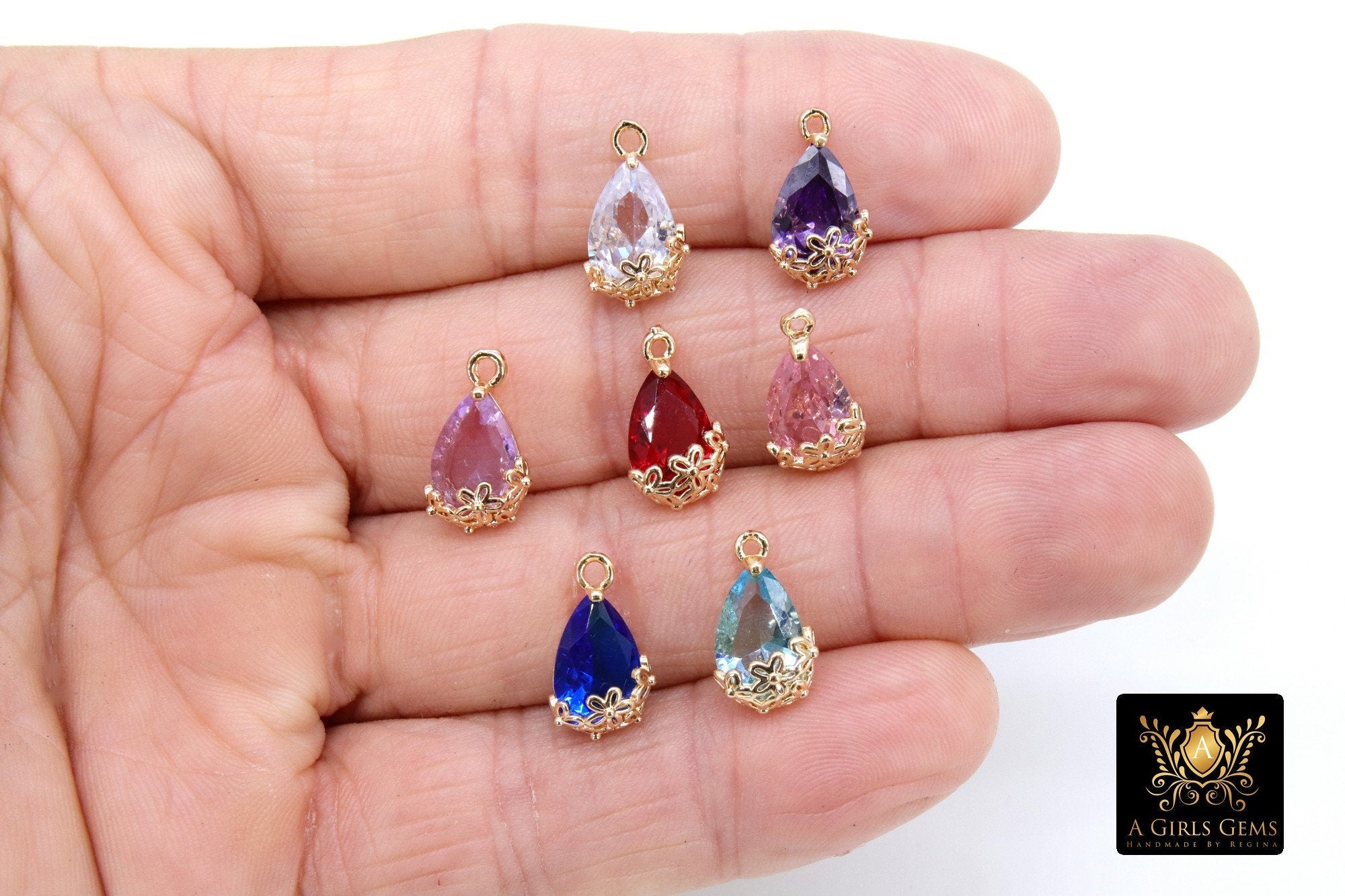 Gold Teardrop Charm, Oval Gold Colorful Flower Filigree #2540, Red Pink Blue Mint Green Purple Egg Bead Crystals