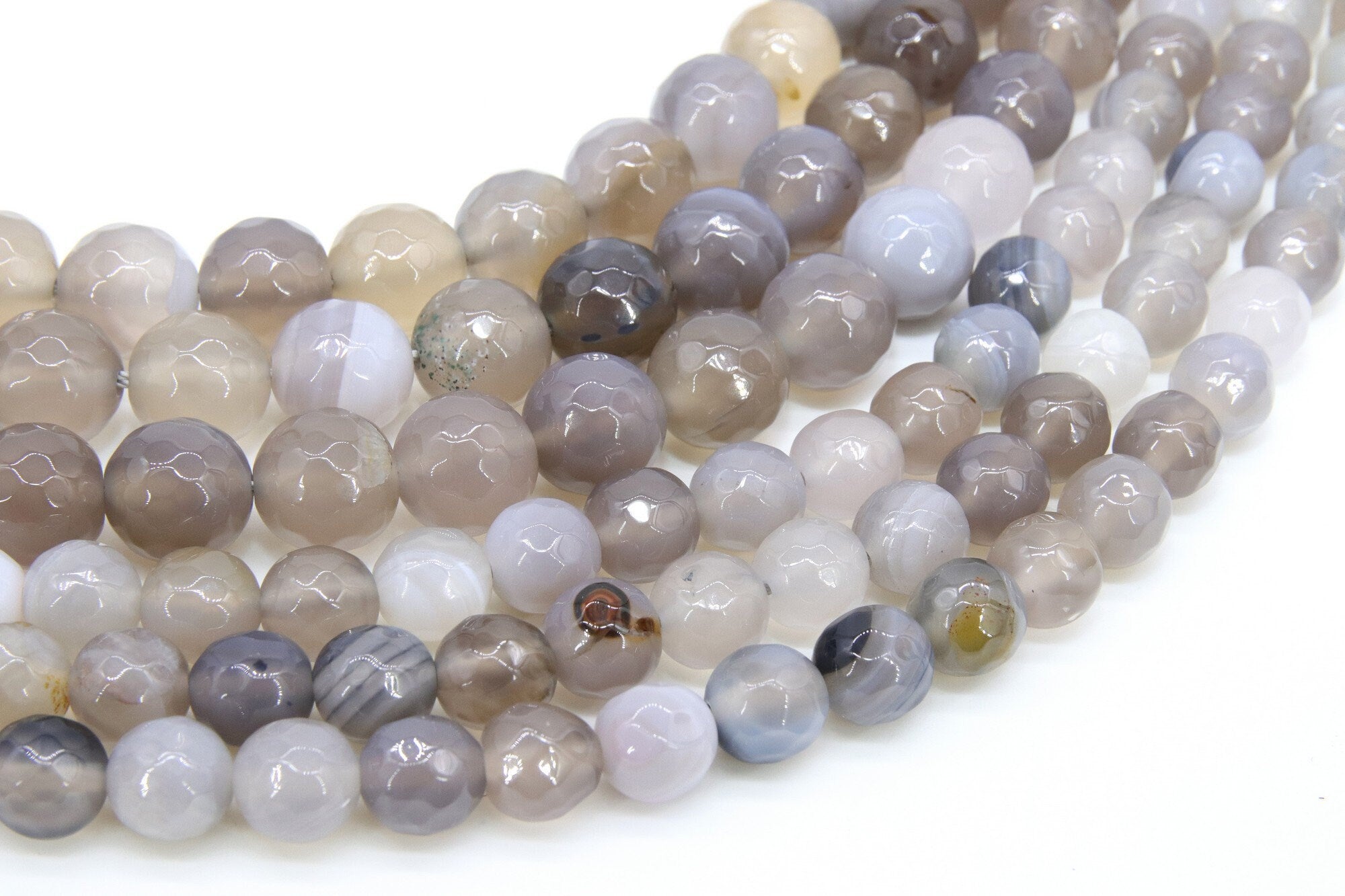 Natural Striped Faceted Agate Beads, White to Gray Banded Beads BS #59, sizes in 8mm 10 mm 15 inch Strands