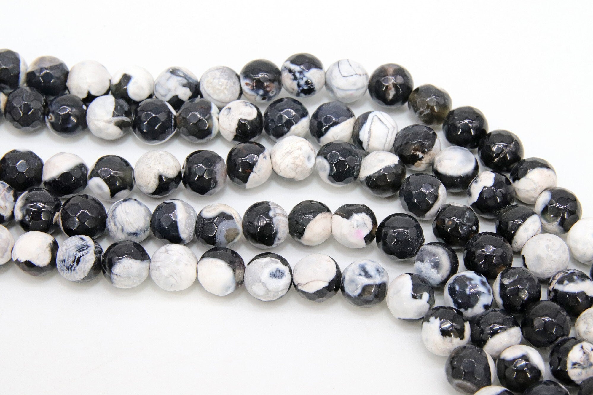Natural Black and White Fire Agate Beads, Faceted Black and White Boho Beads BS #63, sizes in 8 mm 15 inch FULL Strands