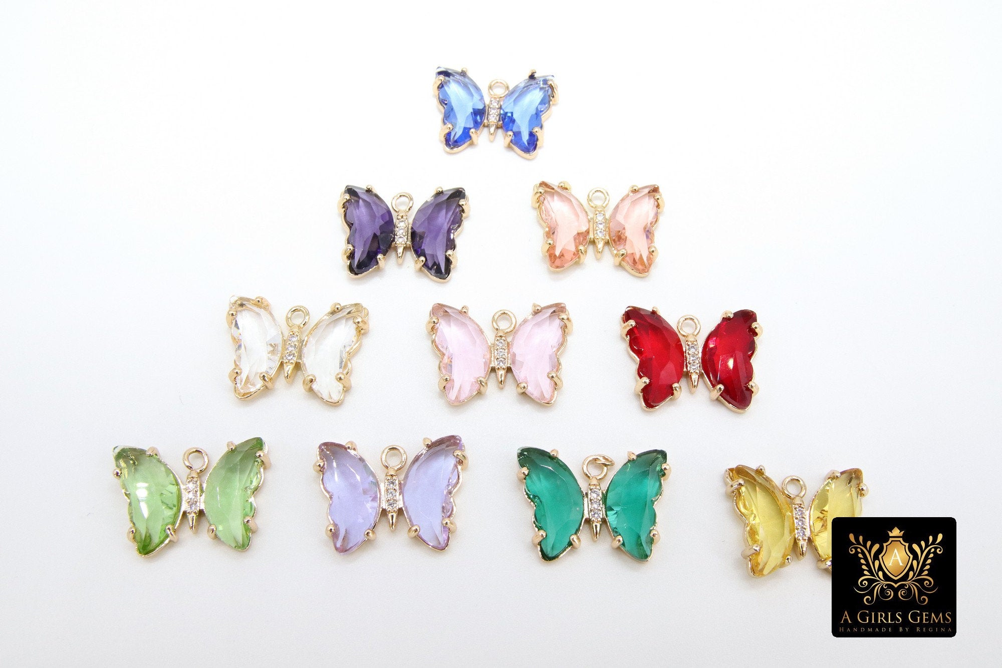 CZ Butterfly Crystal Charms, Gold Crystal Butterflies #2566, Pink Aqua Blue Green Peach and Yellow