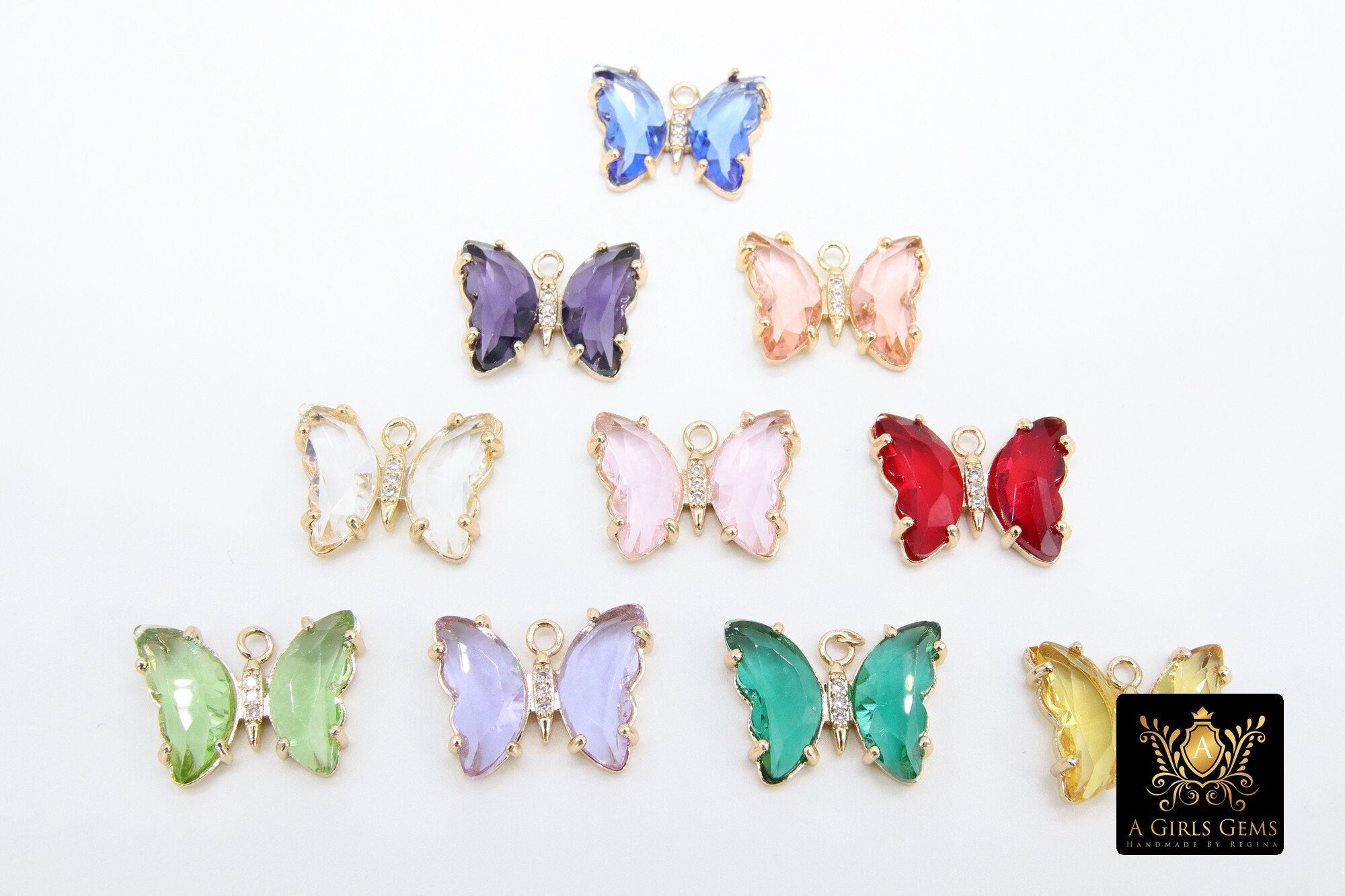 CZ Butterfly Crystal Charms, Gold Crystal Butterflies #2566, Pink Aqua Blue Green Peach and Yellow