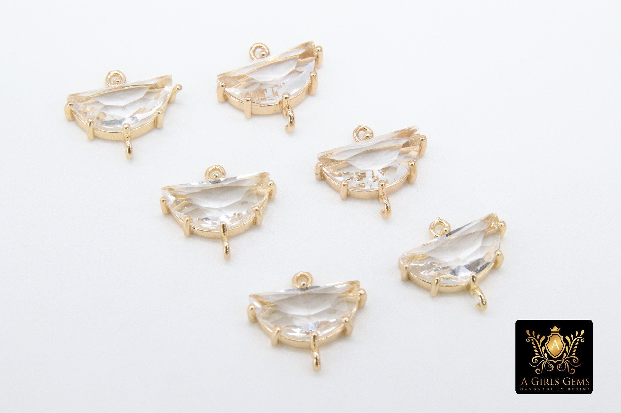 Gold Half Moon Crystal Connectors, 2 Pcs Semi Circle Links AG 647, Small or Medium Open Loop in Clear Crystal Glass