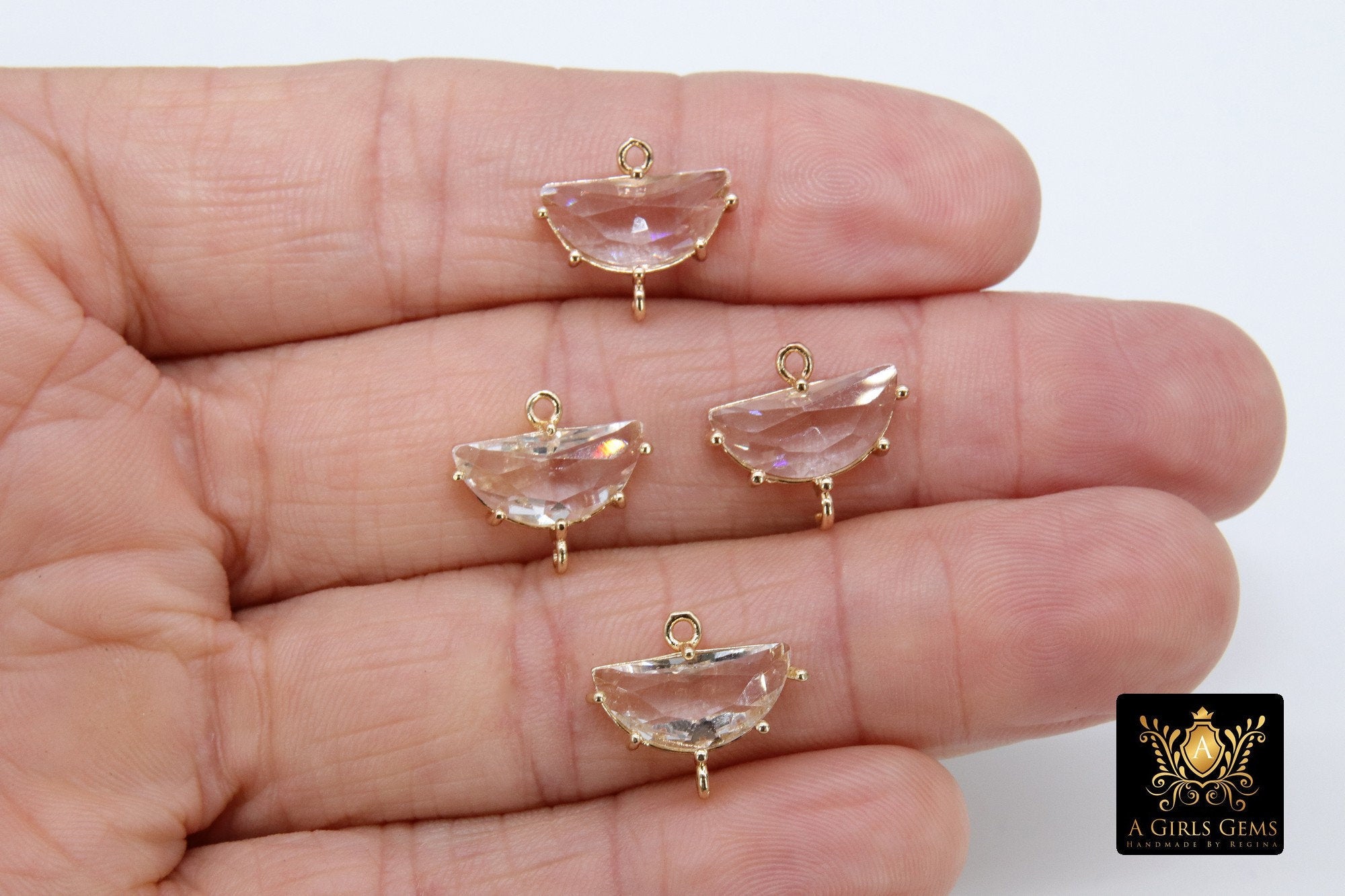 Gold Half Moon Crystal Connectors, 2 Pcs Semi Circle Links AG 647, Small or Medium Open Loop in Clear Crystal Glass