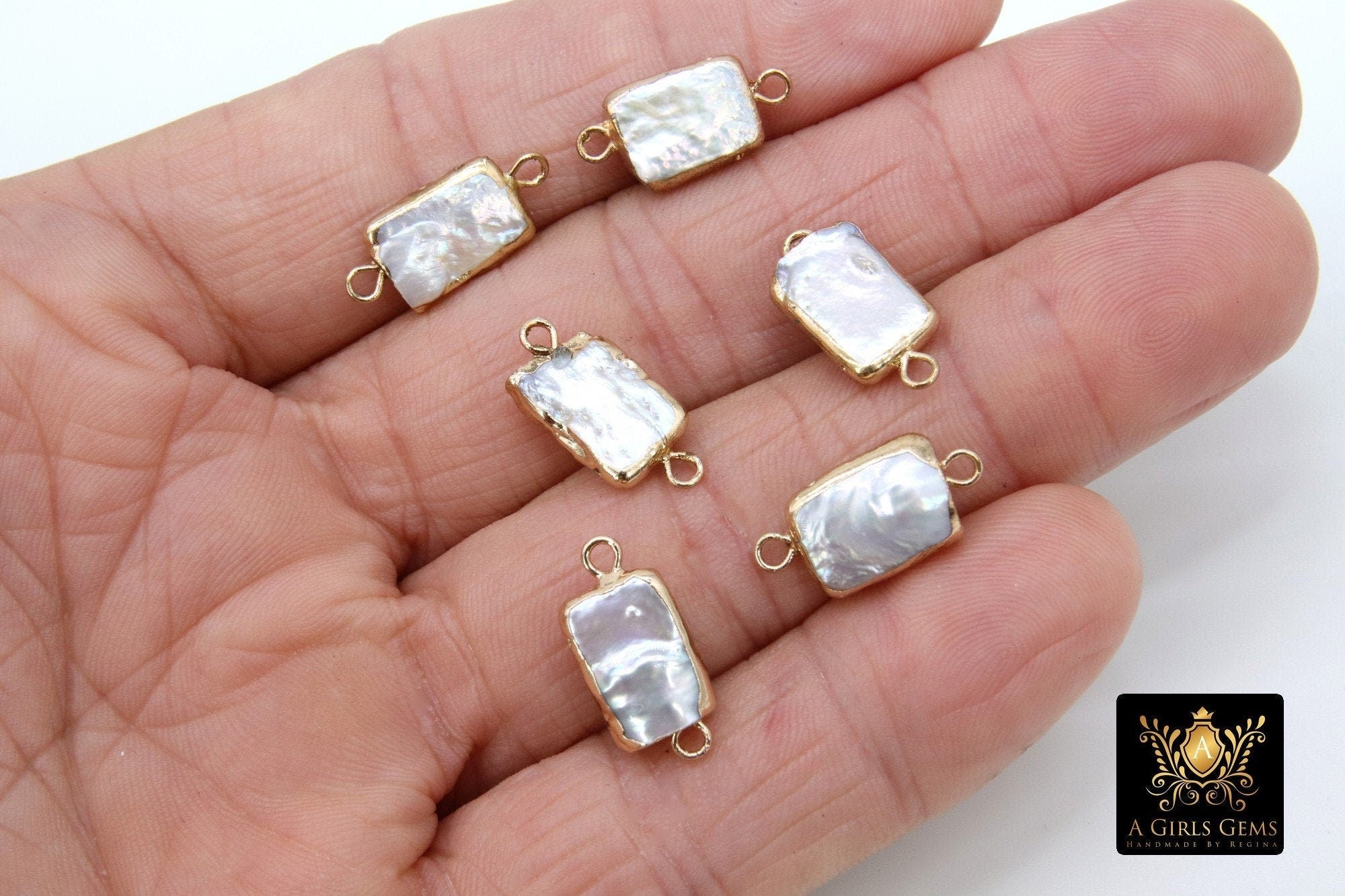 Freshwater Pearl Connectors, Gold Rectangle Two Loop White Charms #2625, Small Natural Shell Gold Edge Links
