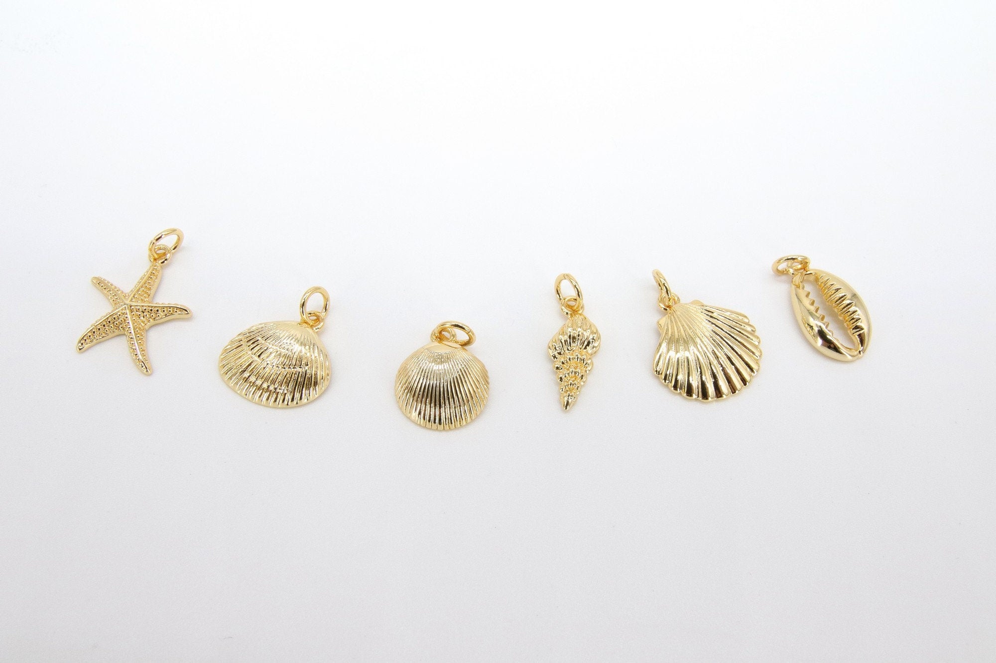 Mini Cowrie Seashell Charm, 2 Pc Gold Tiny Nautical Starfish Seashells #2646, Scallop Beach Shell Ocean Charms