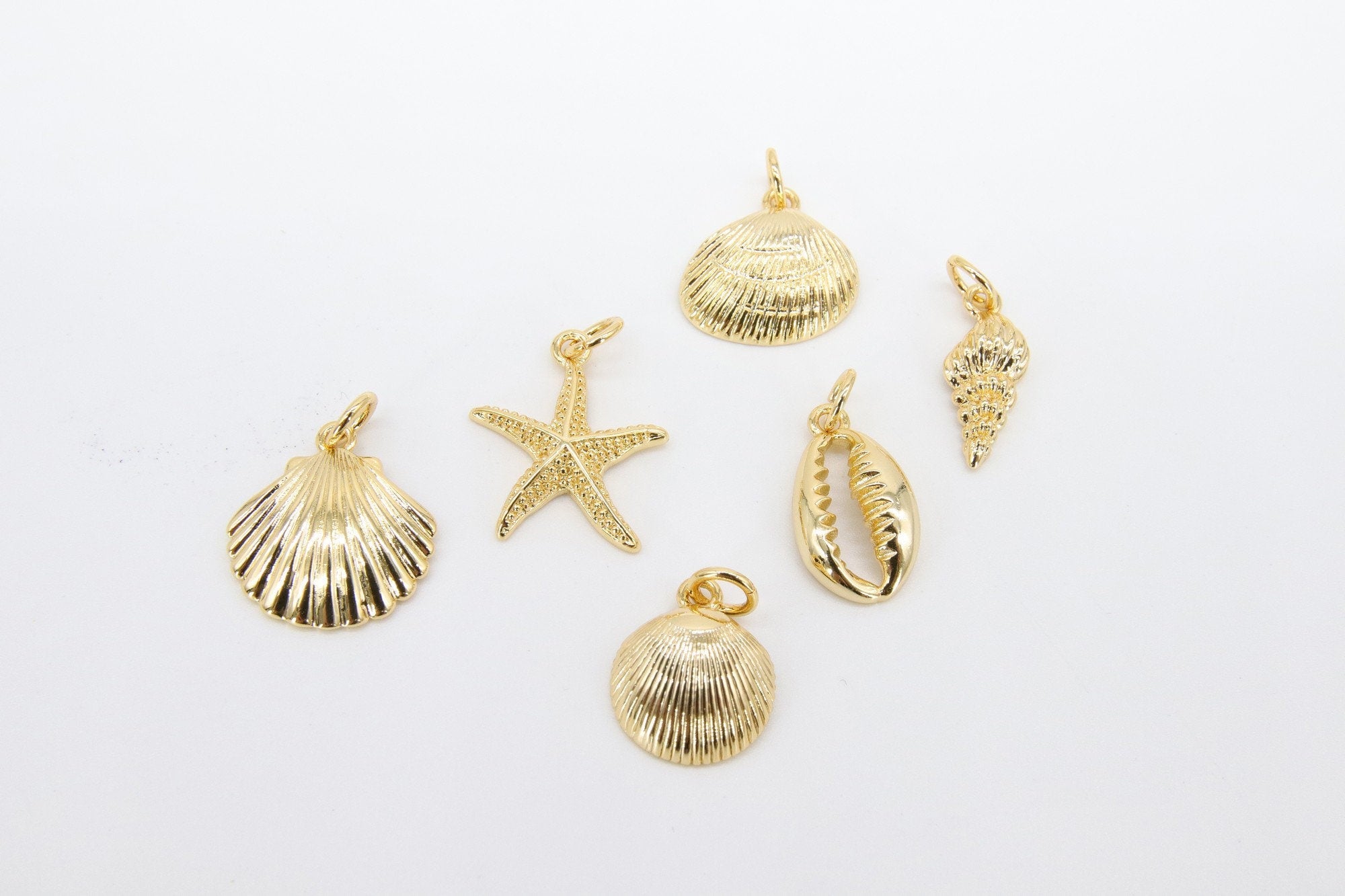 Mini Cowrie Seashell Charm, 2 Pc Gold Tiny Nautical Starfish Seashells #2646, Scallop Beach Shell Ocean Charms