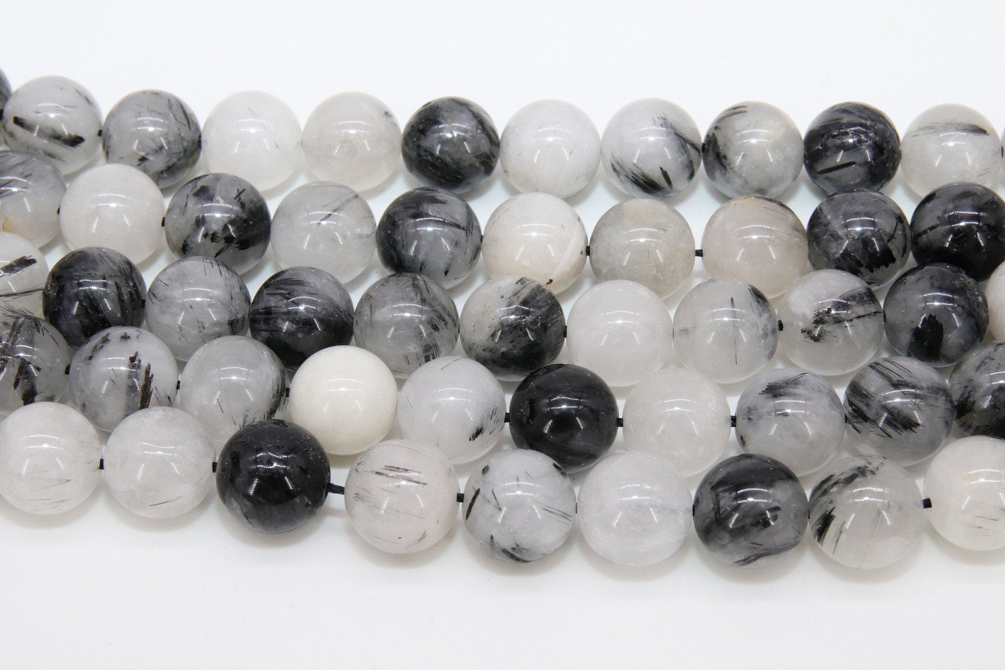 Natural Black Rutilated Quartz Beads Strands, Faceted Black and White Blended Beads BS #83, sizes in 12 mm 8 inch FULL Strands