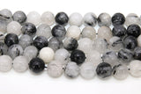Natural Black Rutilated Quartz Beads Strands, Faceted Black and White Blended Beads BS #83, sizes in 12 mm 8 inch FULL Strands