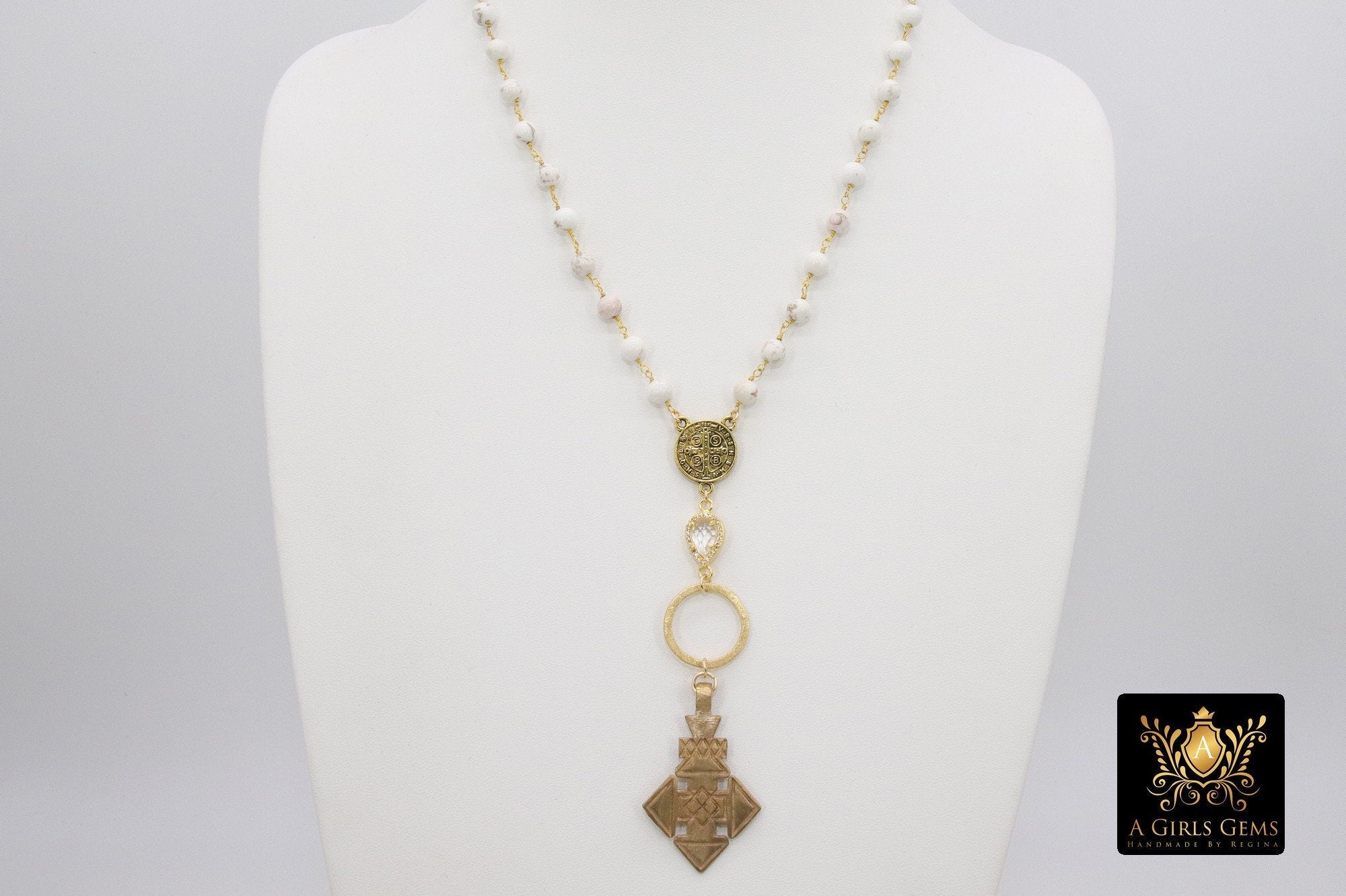 Brass Coptic Cross Necklace, White Turquoise Long Necklace, St. Benedict Religious Necklace