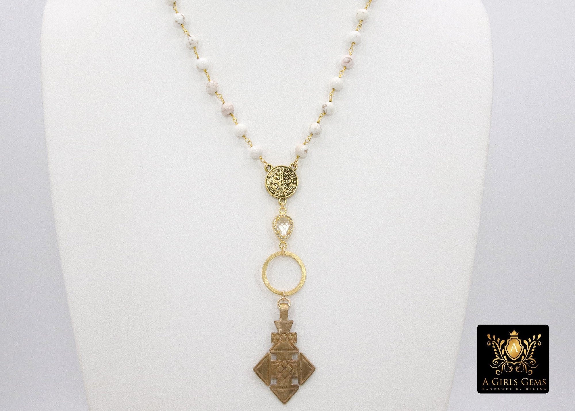 Brass Coptic Cross Necklace, White Turquoise Long Necklace, St. Benedict Religious Necklace