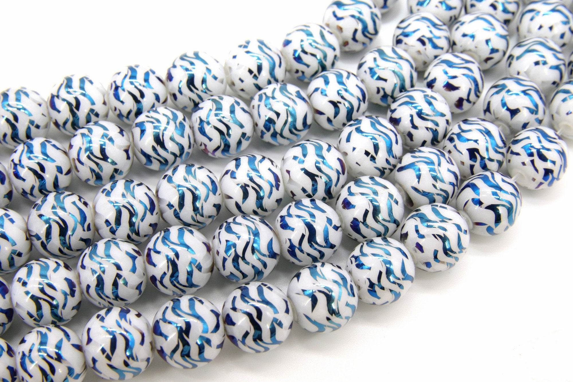 White and Sky Blue Beads, Shimmery Wave Pattern Smooth Tiger Stripe Beads BS #45, sizes 10 mm 11 inch Strands