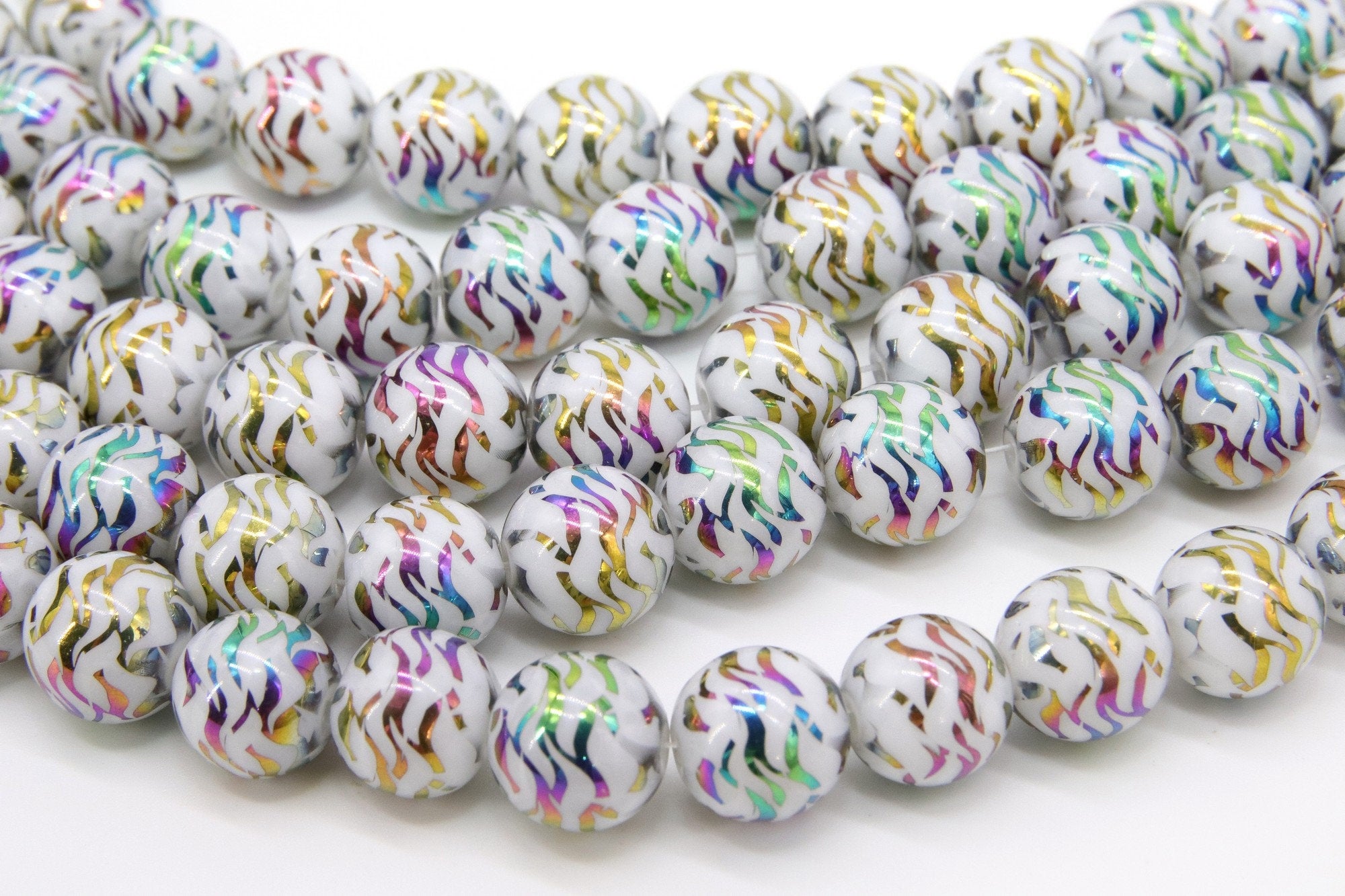 Gold and White Beads, Shimmery Smooth Purple Green Mardi Gras Tiger Stripe Rainbow Beads BS #46, sizes 10 mm 11 inch Strands