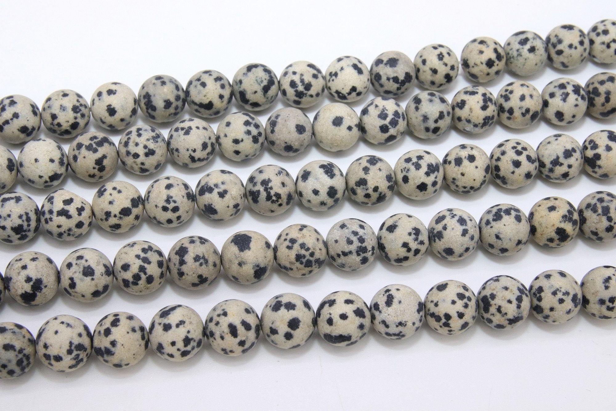 Natural Dalmatian Frosted Beads, Smooth Round Matte Black and Beige Jasper Beads, BS #52