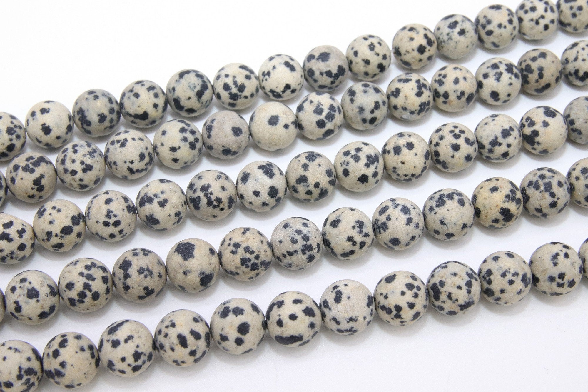 Natural Dalmatian Frosted Beads, Smooth Round Matte Black and Beige Jasper Beads, BS #52