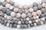 Natural Pink Zebra Frosted Beads, Round Matte Gray and Pink Peach Jasper Beads BS #54, sizes in 6 mm 8 mm 10 mm 15.5 inch FULL Strands
