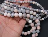 Natural Pink Zebra Frosted Beads, Round Matte Gray and Pink Peach Jasper Beads BS #54, sizes in 6 mm 8 mm 10 mm 15.5 inch FULL Strands