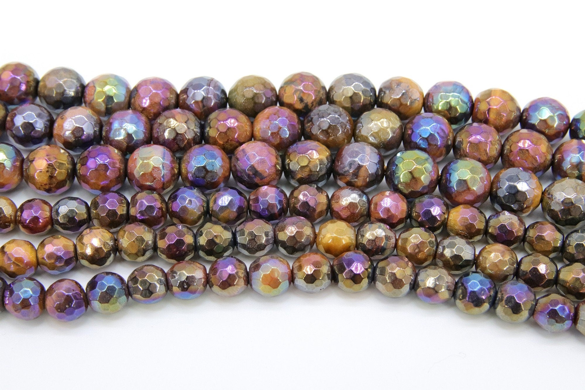 Natural Tiger Eye Beads, Shimmery AB Multi Faceted Plated Titanium Color Beads BS #56, sizes 6 mm 8 mm 15.3 inch Strands