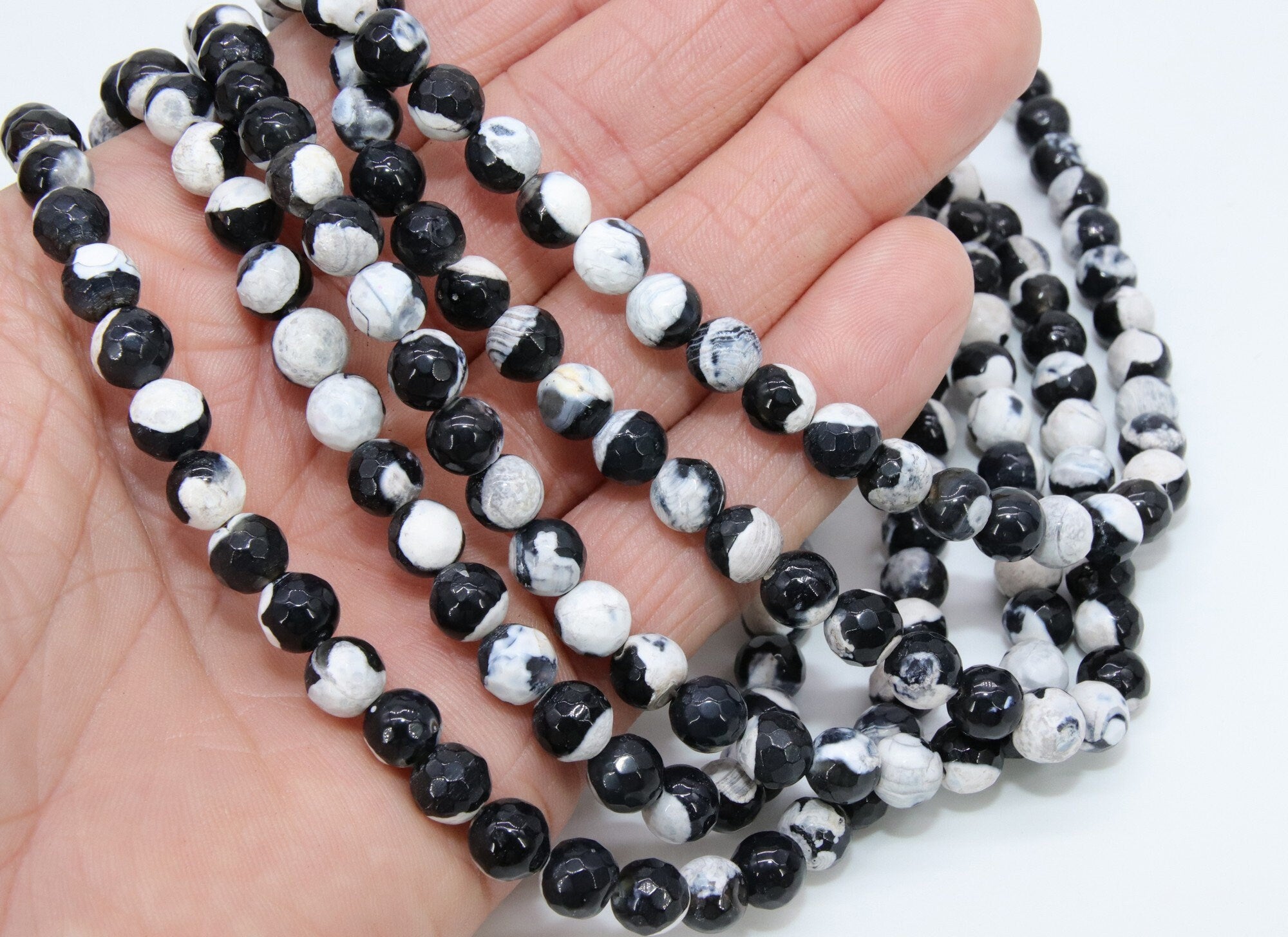 Natural Black and White Fire Agate Beads, Faceted Black and White Boho Beads BS #63, sizes in 8 mm 15 inch FULL Strands