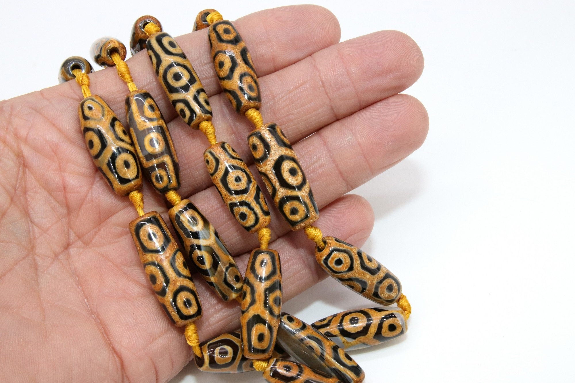 Tibetan DZI Tube Agate Beads, Long Oval Black and Brown Champagne Beads BS #71, 11~12 mm x 30~31 mm