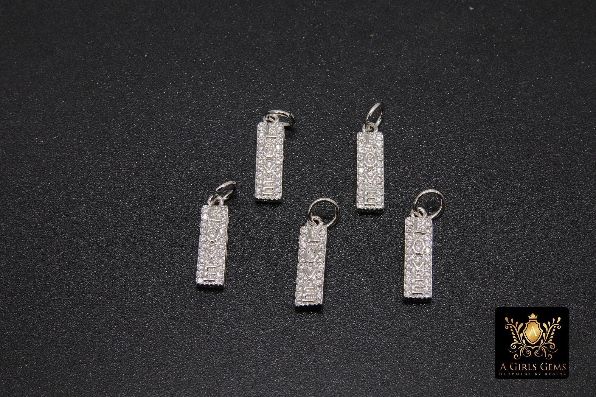 CZ Pave Love Words Charms, Tiny Gold Rectangle Minimalist Dog Tags #2642, Inspirational Bar 5 x 15 mm