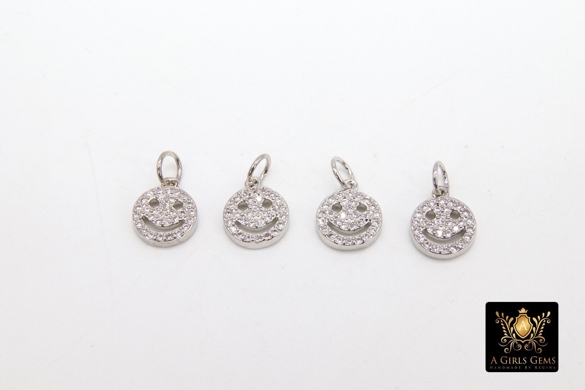 Silver CZ Pave Smiley Face Charms or Connectors, Gold Cubic Zirconia Happy Face #553, Tiny Necklace Charms 9 x 10 mm