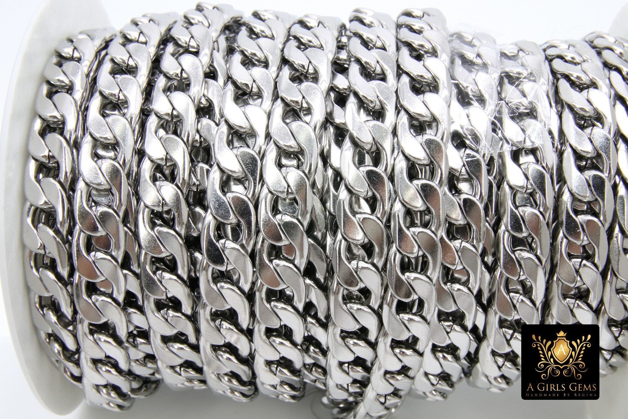 Silver Curb Chain, 304 Stainless Steel Large Heavy Flat 13.0 mm CH #256, 10 mm Cuban Smooth Chunky Oval Unfinished Chains