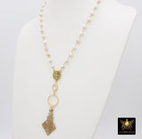 Brass Coptic Cross Necklace, White Turquoise Long Necklace, St. Benedict Religious Necklace